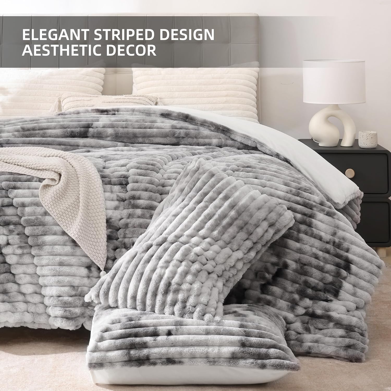 Detalle de Smoofy Fluffy King Size Comforter Set 3 Pieces — Tie-dye Grey Faux Fur, Ultra-Soft Micro-Mink & Flannel Dual-Sided Bedding