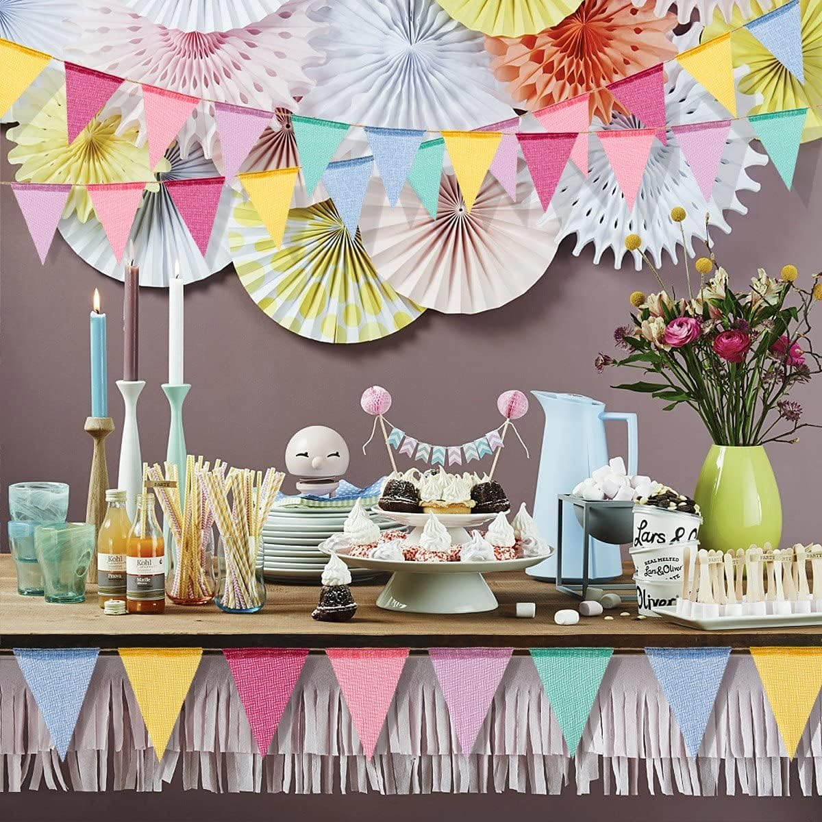 Detalle de Wimpelkette Outdoor, 3 Stück – 36 Flaggen Vintage Garden, wetterfest, Regenbogen-Girlande