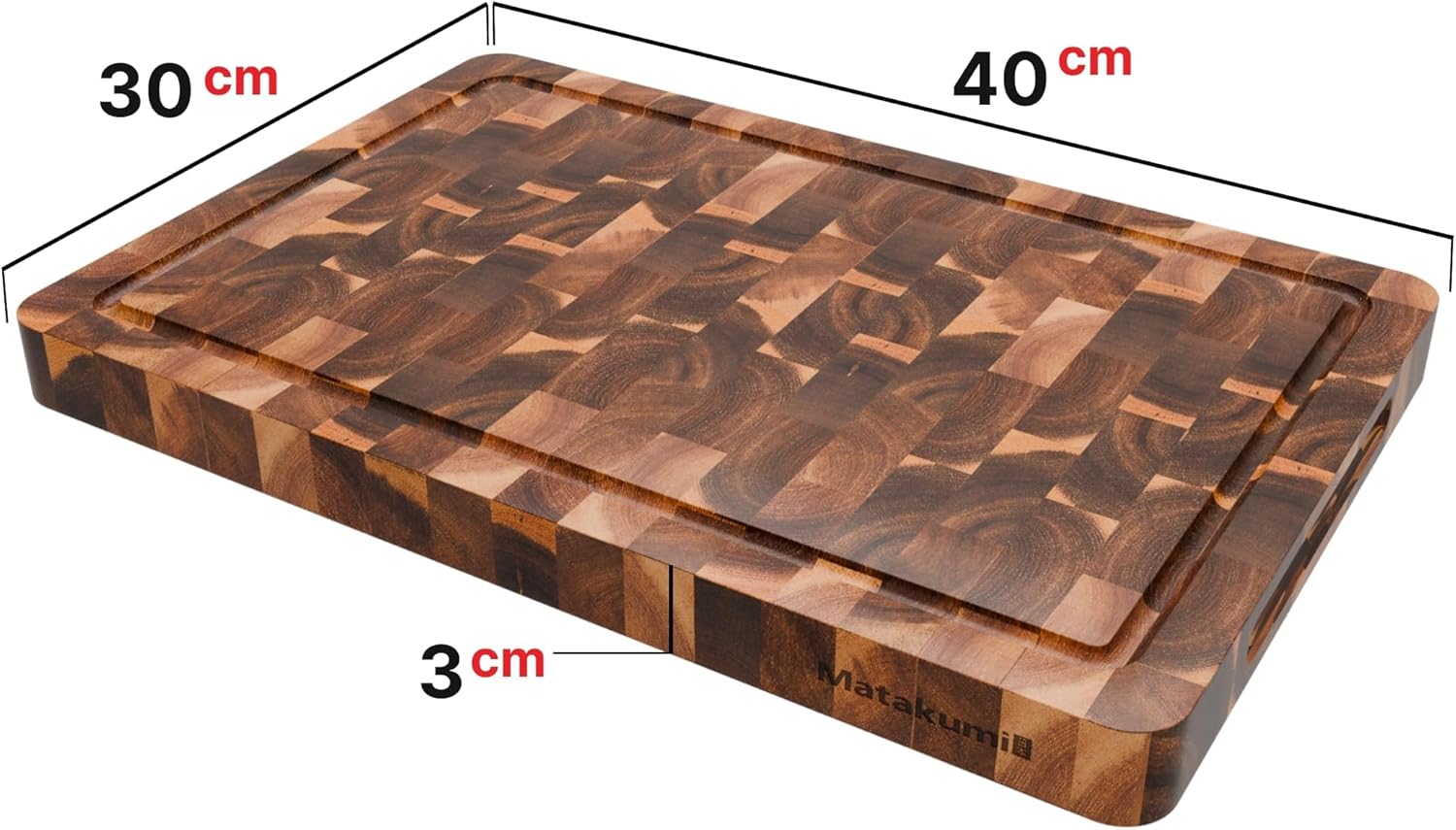 Detalle de Matakumi Planche à Découper en Bois d’Acacia – Planche Double Face 40 x 30 cm avec Poignées et Rigole