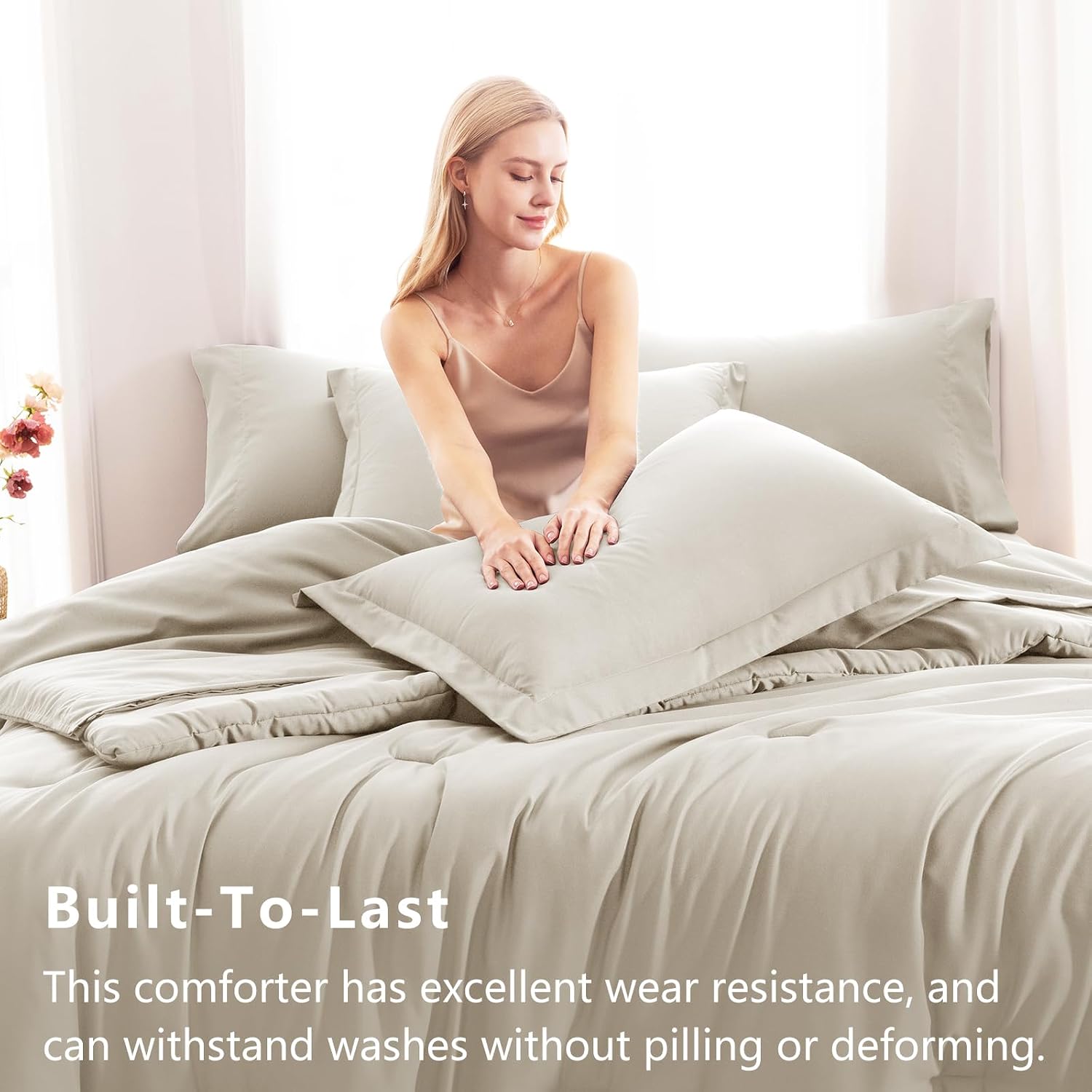 Detalle de CozyLux Full Size Comforter Set Beige (7-Piece Bed in a Bag) with Down Alternative Comforter