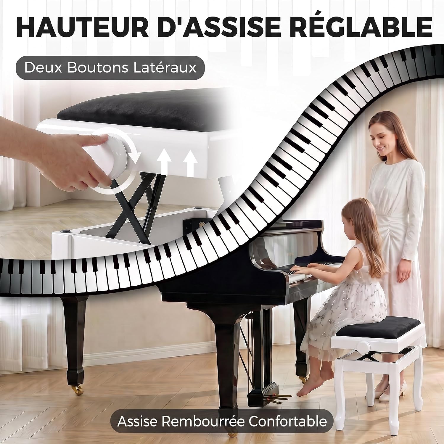 Detalle 2 de HOMCOM F12-022V00WT pianokruk, verstelbaar 45-56 cm, fluwelen zitting