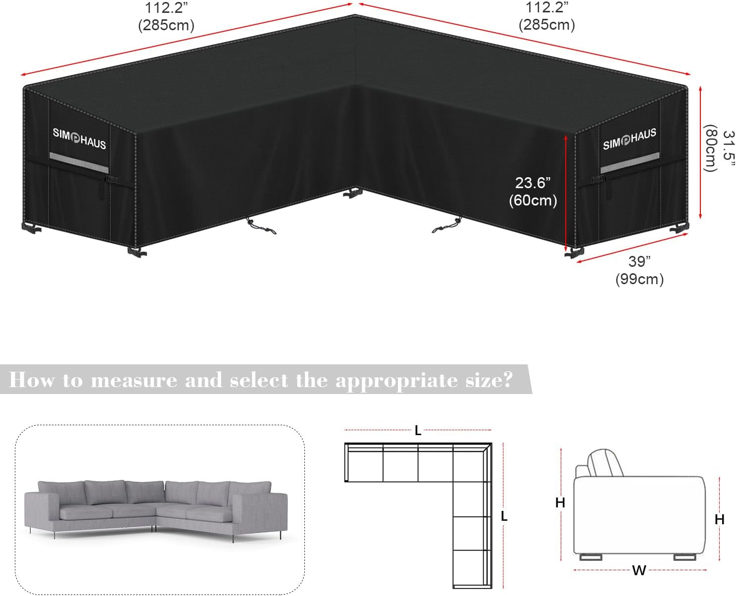 Detalle de SIMPHAUS 285x285x99x80/60cm-hoes voor hoekbank, 420D Oxford-stof