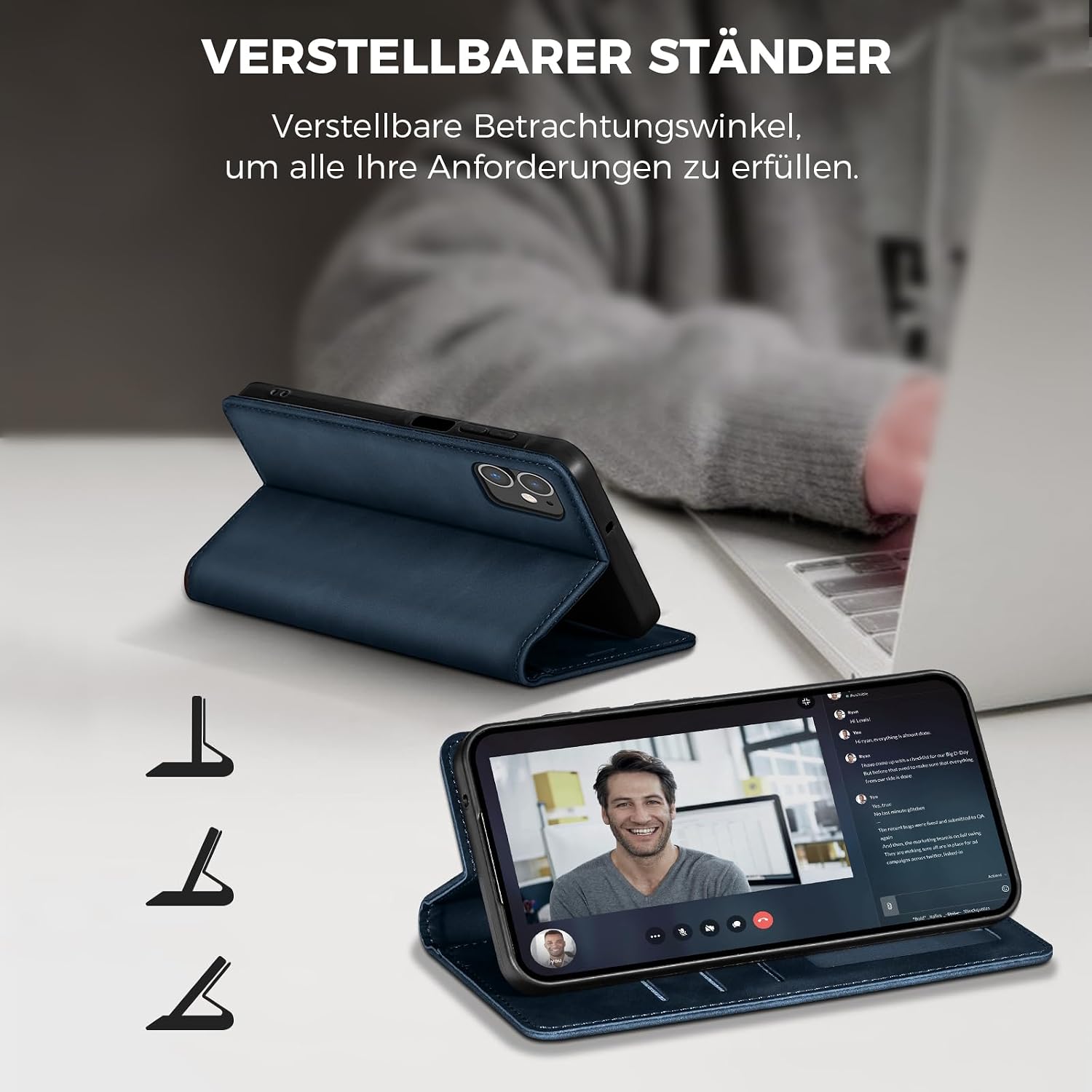 Detalle de AIMOYU Flip Case für iPhone 12/12 Pro – Blau, Premium PU-Leder, Kartenfach, Standfunktion