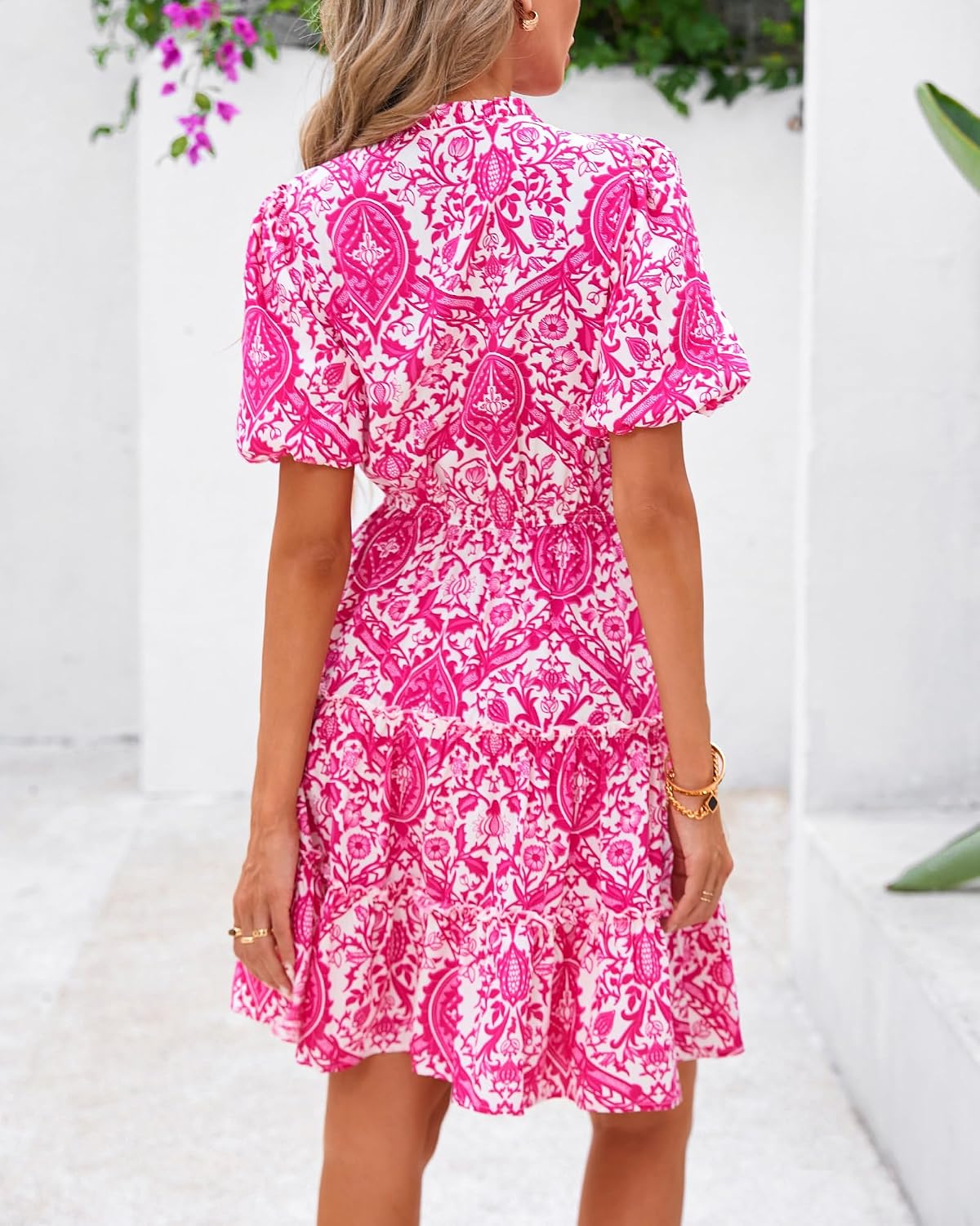 Thumbnail 6 de BTFBM Women’s Summer Floral Boho Swing Dress with V Neck & Tiered Ruffle Hem (Mini)