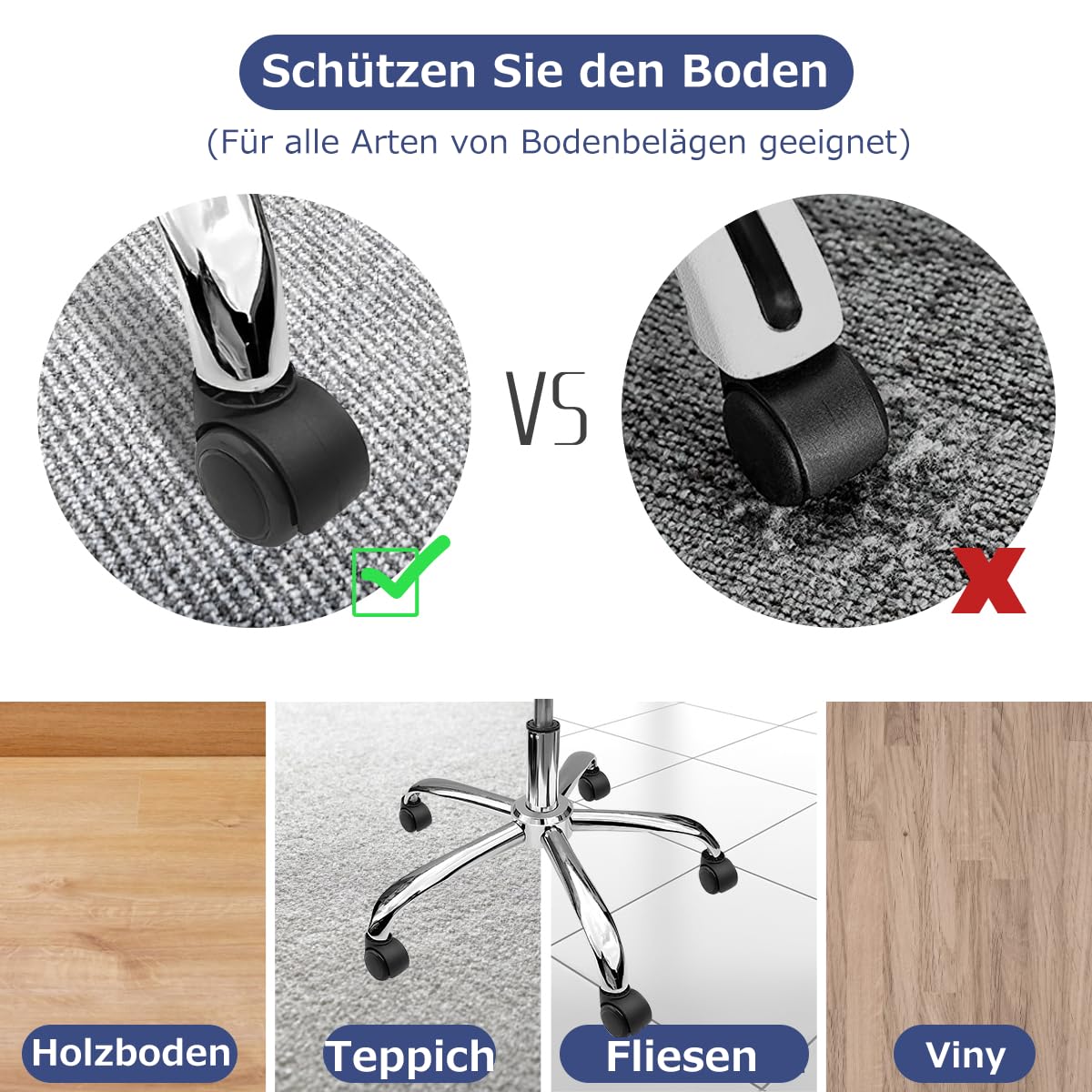 Thumbnail 4 de bürostuhl Rollen (5er Set) – 10 mm / 22 mm Ersatz-Hartbodenrollen für Gaming-Stühle, Drehstühle und Bodenschutz