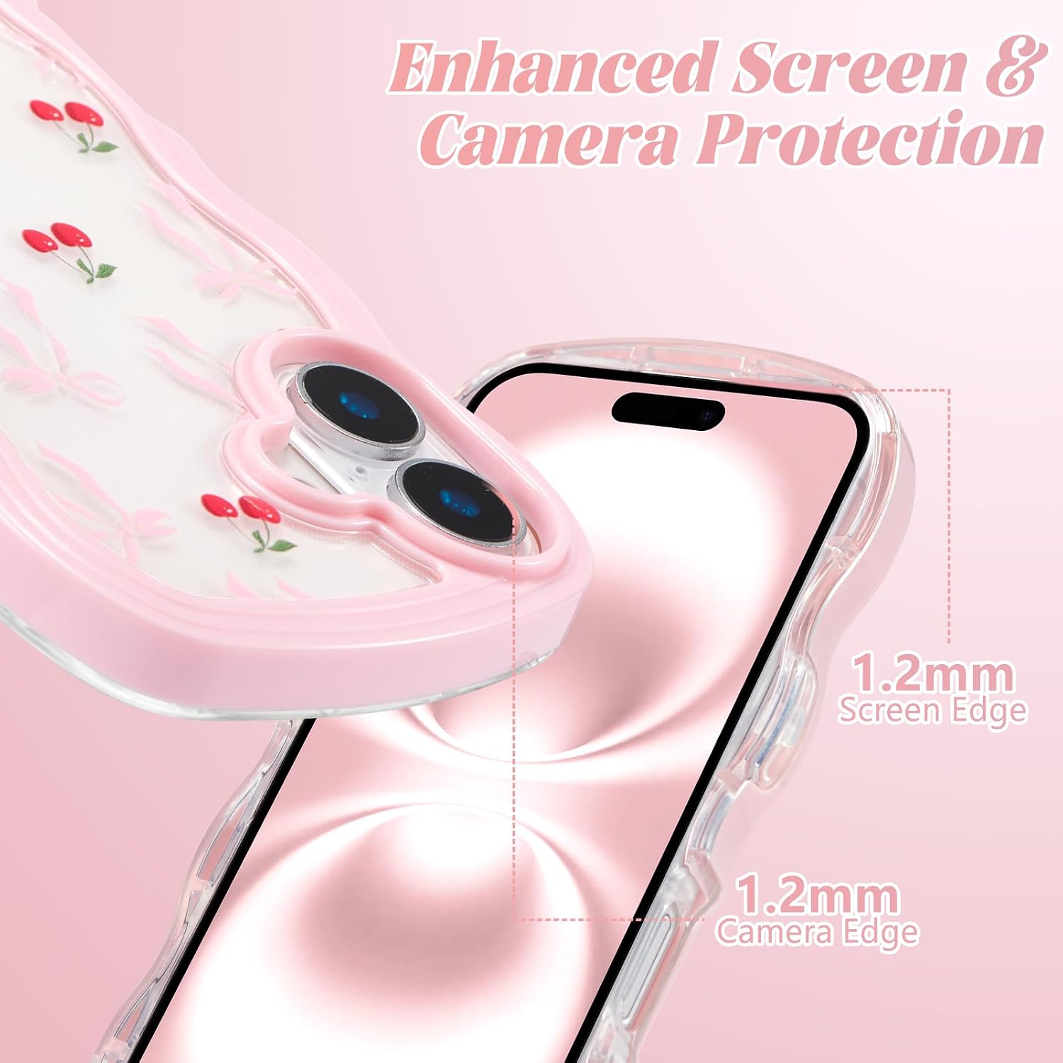 Detalle de ZTOFERA Hülle für iPhone 16 Plus (6,7 Zoll) – Klar mit Kirsch‑Schleife, Harte PC‑Rahmen + Pink