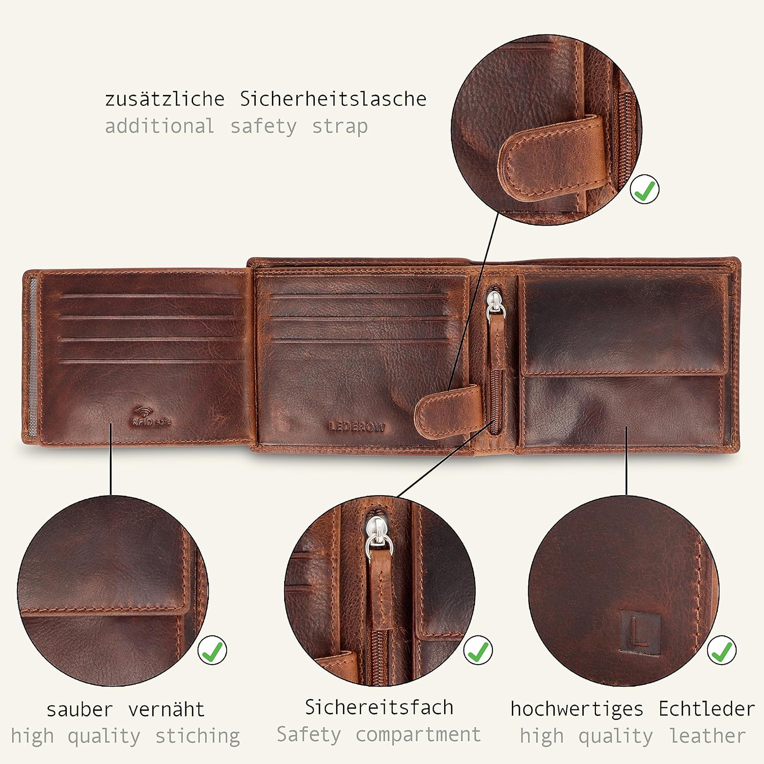 Detalle de LEDEROW Geldbörse Herren Bull Braun – RFID-Schutz, Querformat, Münzfach, Geschenkbox