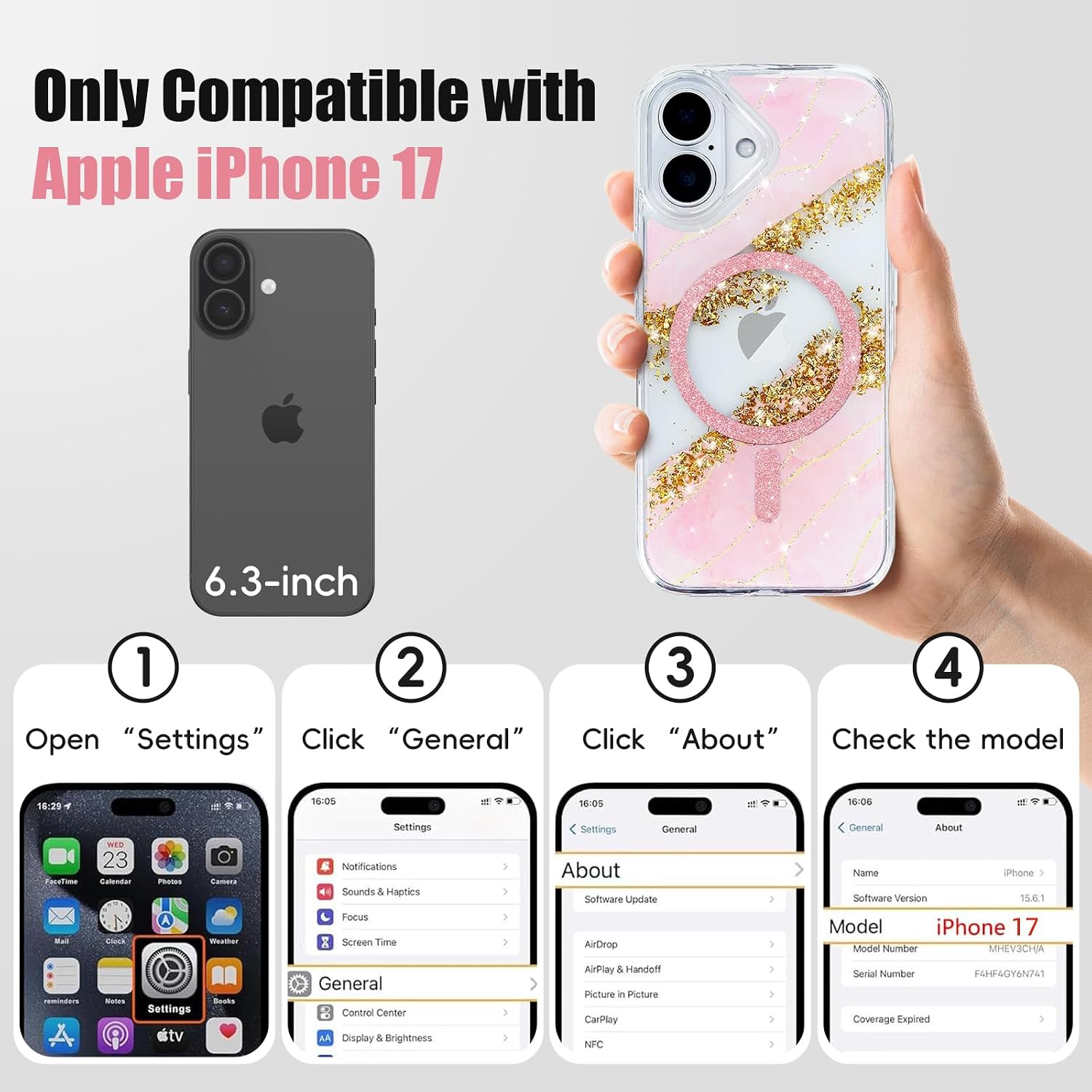 Detalle de Teayoha iPhone 17 Glitter Case with MagSafe Ring, Pink Marble and Gold Foil
