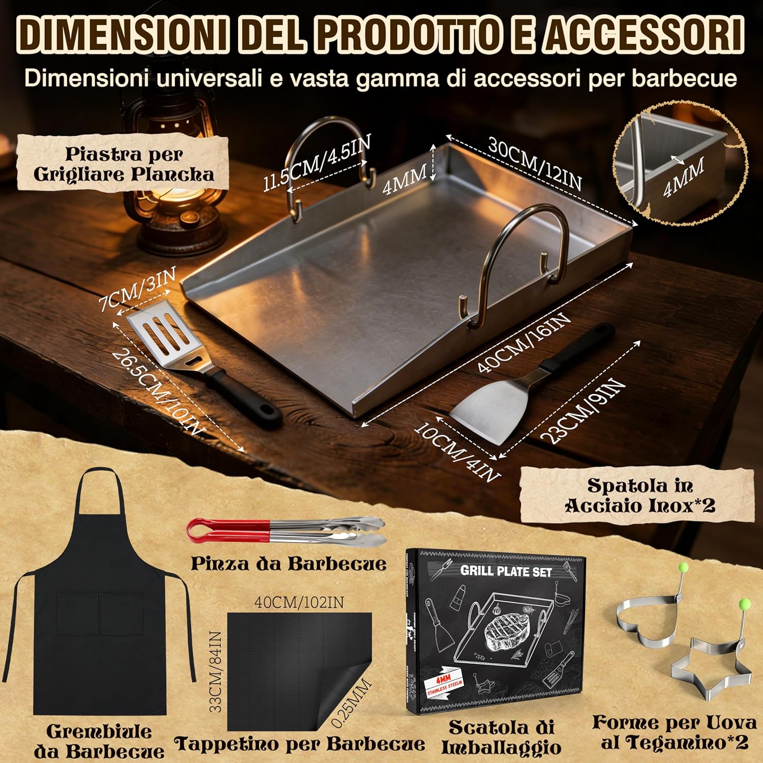 Detalle 2 de JONRRYIN Piastra in Acciaio Inox 40 × 30 cm per BBQ a Gas o Carbone con 2 Spatole e Manico Rimovibile