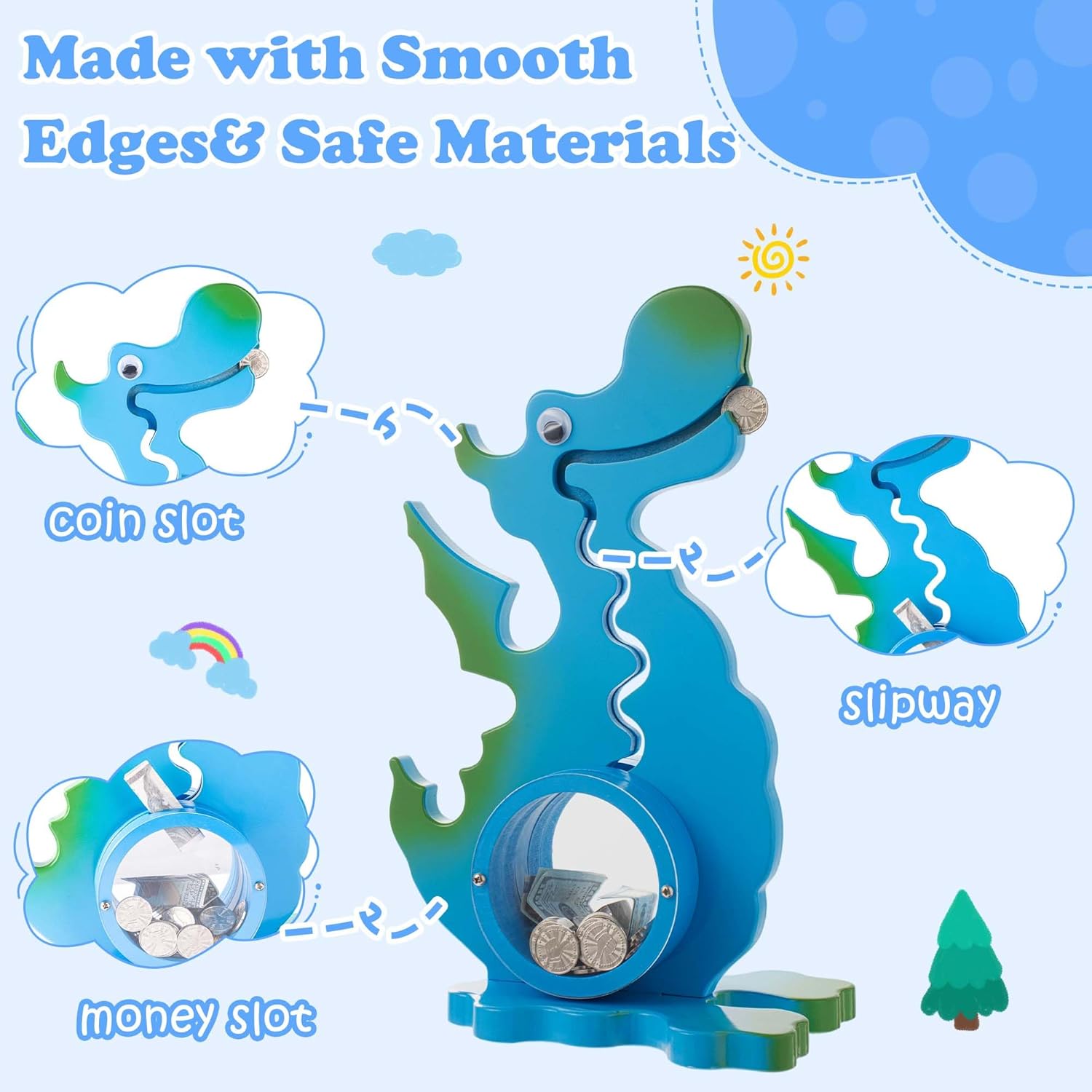 Detalle 2 de AORCMITN Wooden Dragon Piggy Bank: Interactive Dino Saving Toy for Kids