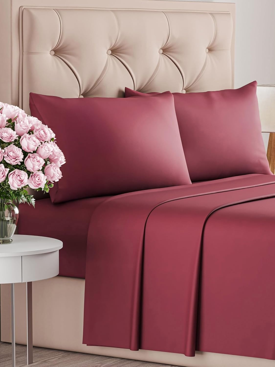 Detalle de Ensemble de draps CGK Unlimited 4 pièces Bourgogne : drap plat, drap-housse 180x200 et 2 taies 50x80