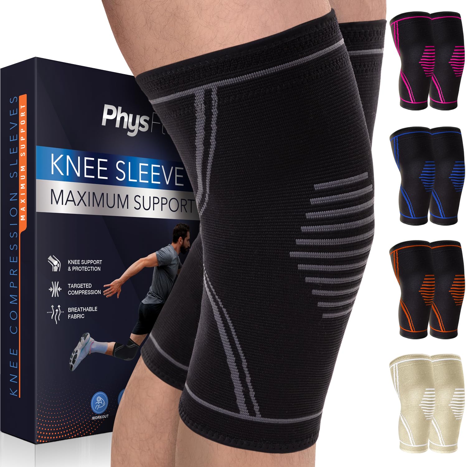 Detalle de PhysFlex Knee Compression Sleeves, Large 2-Pack, Breathable and Moisture-Wicking
