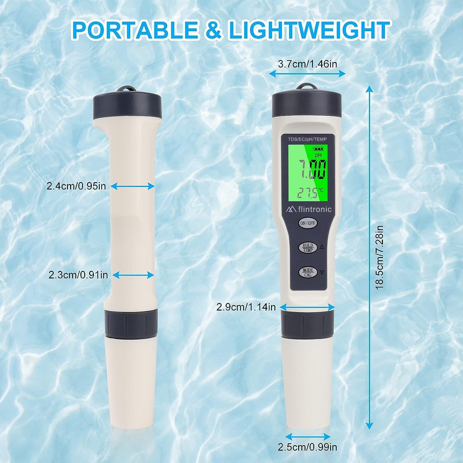 Detalle de flintronic 4-in-1 pH/TDS/EC Messgerät mit Hintergrundbeleuchtung – PH Messgerät für Pool, Trinkwasser & Aquarium