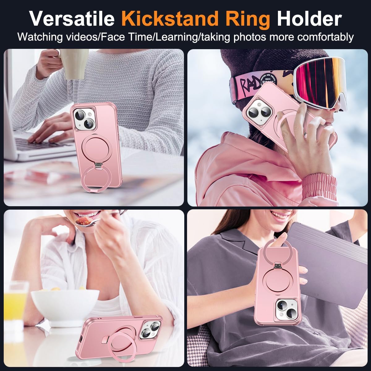 Detalle de SKYLMW Magnetic O-Ring Kickstand Case for iPhone 13 & iPhone 14 (6.1-inch) with Mag-Safe, Rose Gold