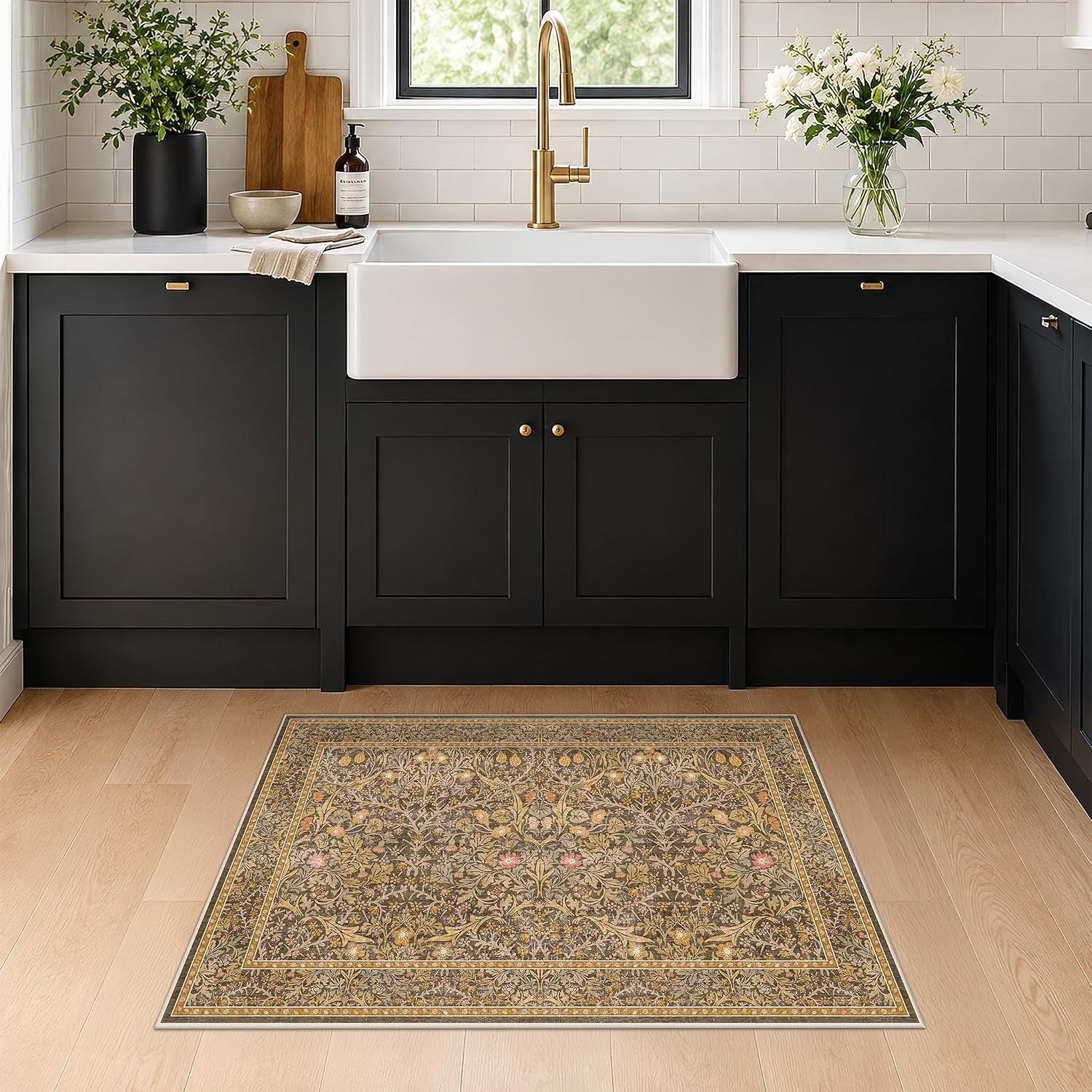 Detalle de Brown Washable Entry Rug - Front Door Throw Rug (2x3) with Non-Slip Backing, Vintage Floral Boho Kitchen & Bathroom Mat