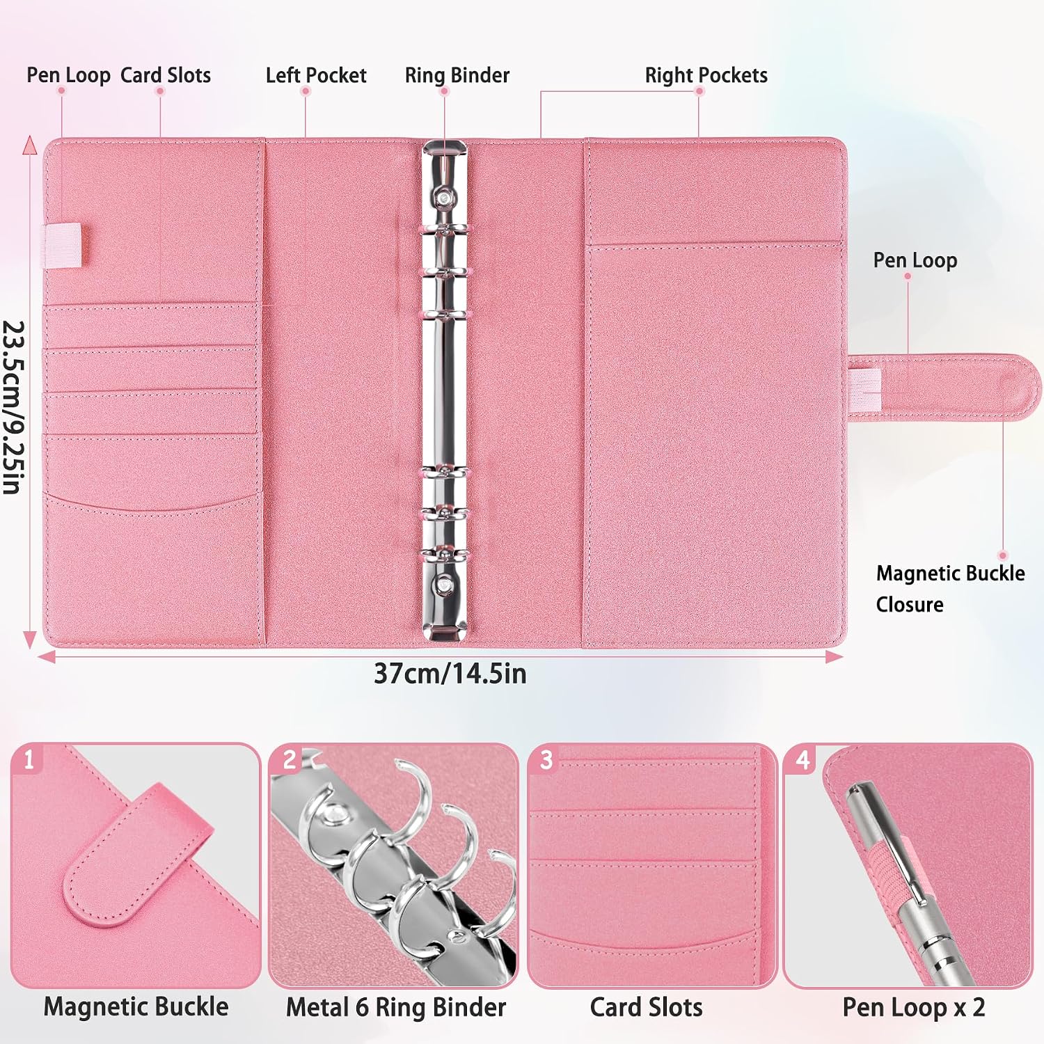 Detalle de Antner ANTNer-RINGBINDER-A5 A5 6-Ring Planner Binder, Glitter Pink PU Leather