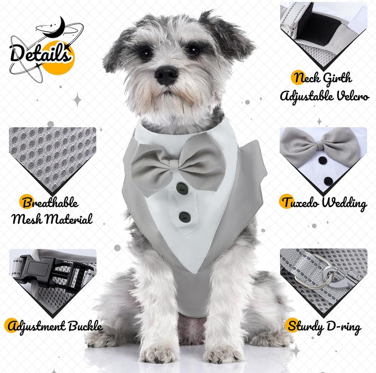 Detalle de OUOBOB Tuxedo Dog Harness: Formal Bow Tie Vest with No-Pull Leash for Small to Medium Dogs