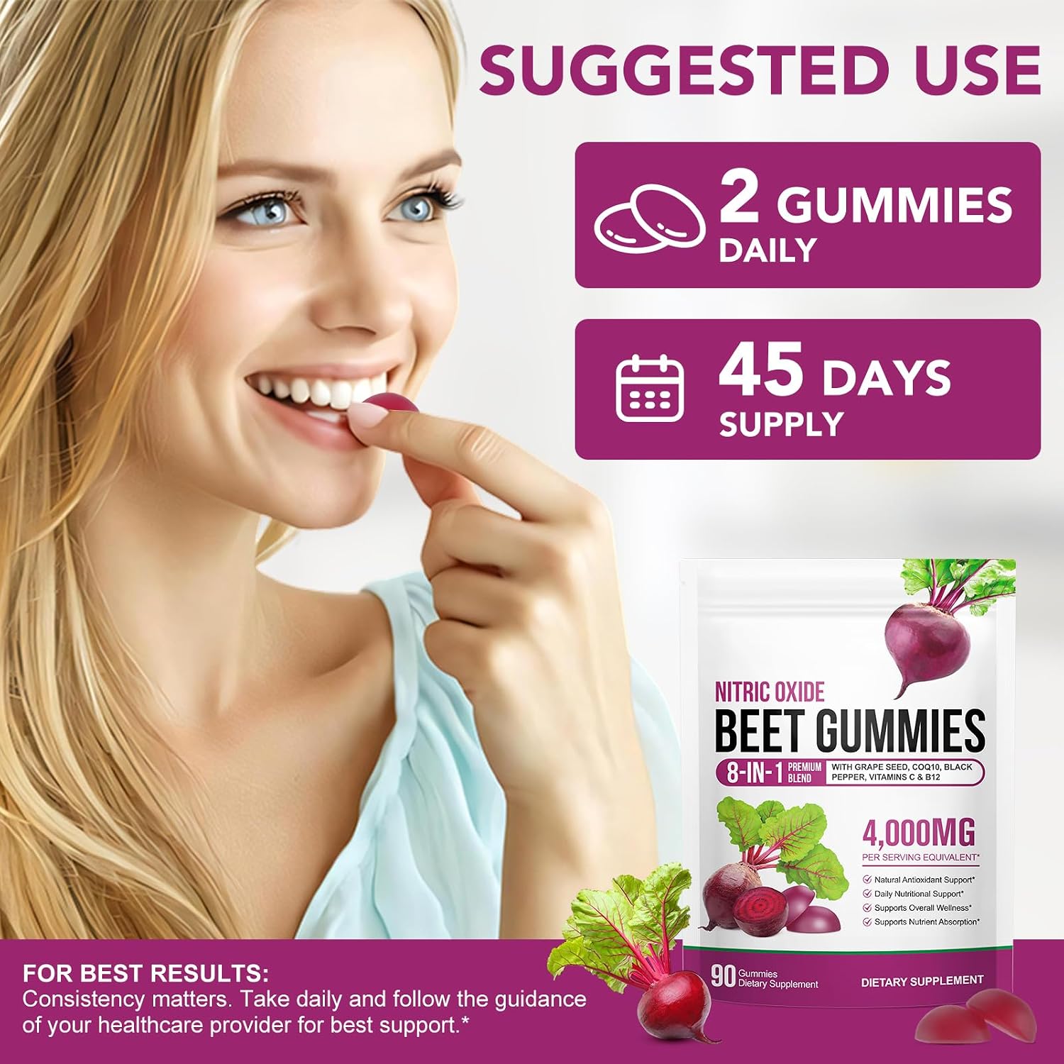 Detalle 1 de chenyayun 90-Chew Beet Root Gummies, Sugar-Free 8-in-1 with CoQ10