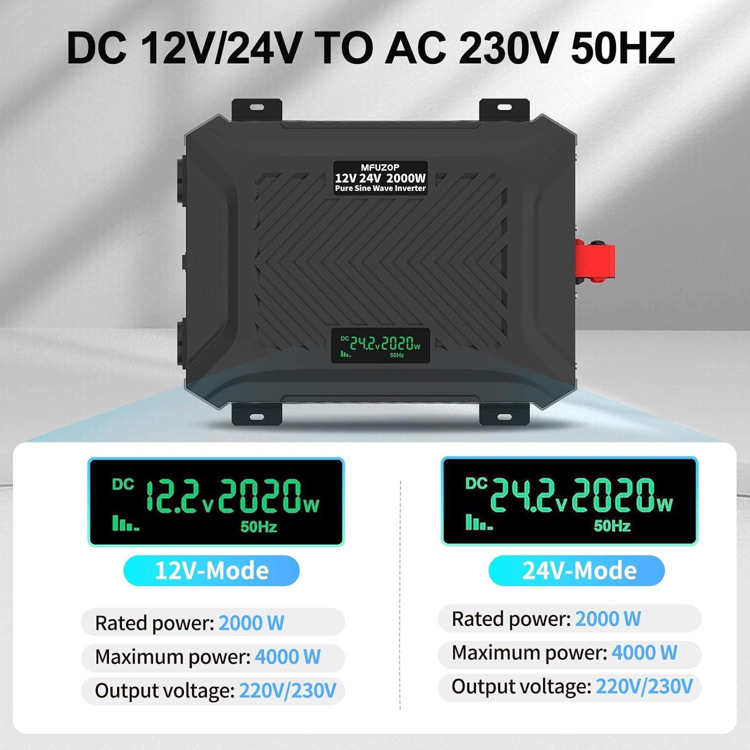 Detalle 2 de MFUZOP Inverter onda sinusoidale pura 12/24V DC → 220/230V AC, 2000W (picco 4000W) con LCD e porte USB/Type‑C