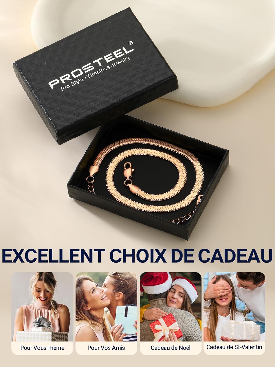 Thumbnail 6 de PROSTEEL Collier Femme - Chaîne miroir plaqué or rose, inox 316L, 46 cm (3/5 mm)