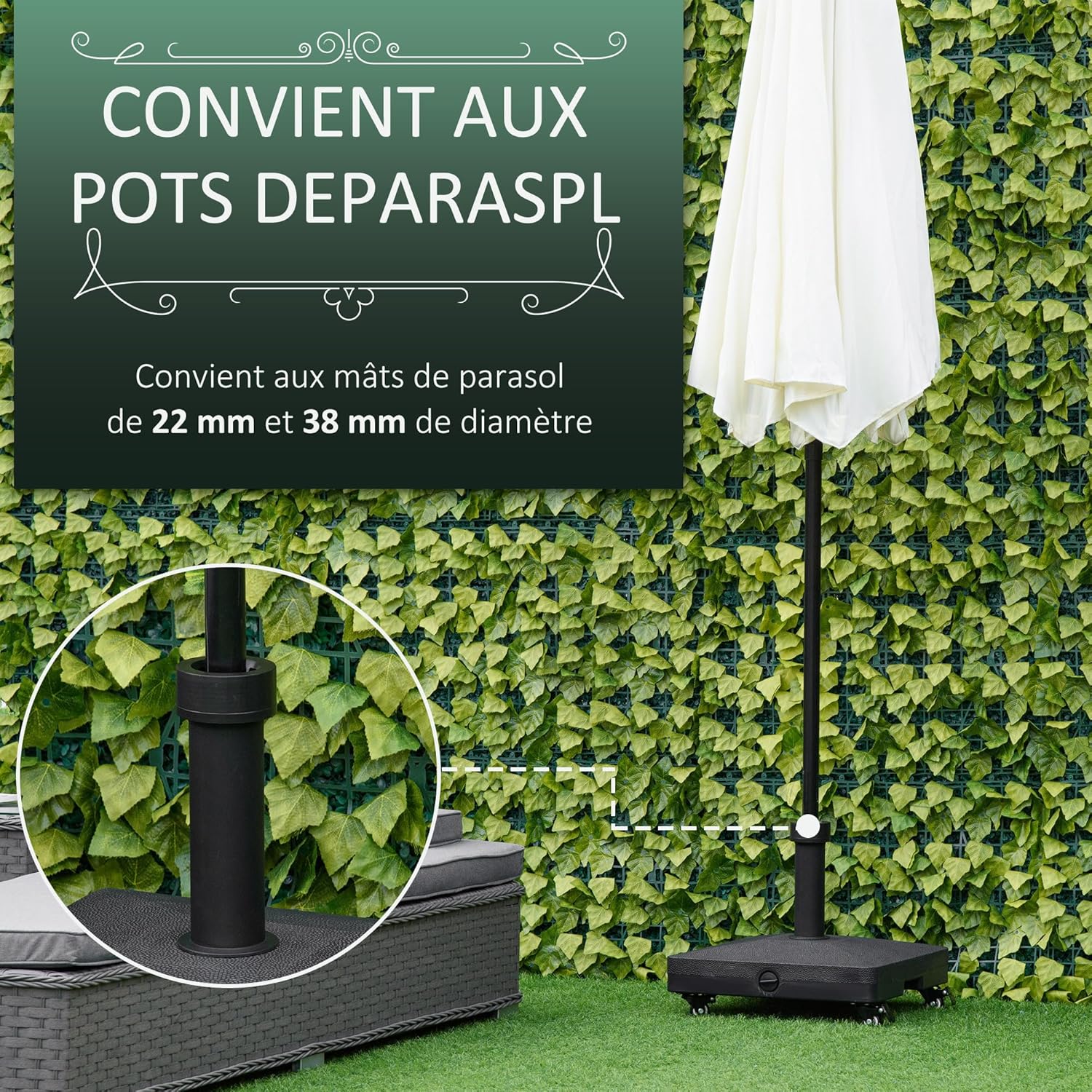 Thumbnail 3 de Outsunny pied de parasol carré à remplir avec 4 roulettes (HDPE noir) – base de lestage
