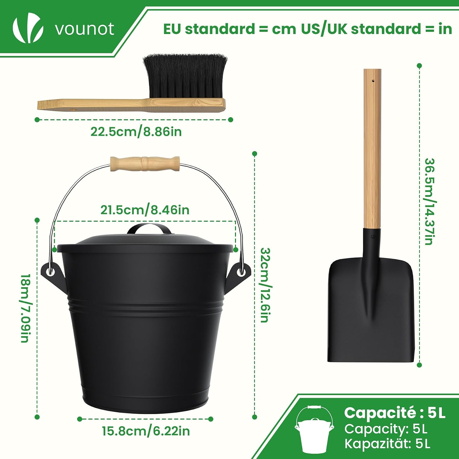 Detalle de VOUNOT 15373546324317 5L Ash Bucket with Lid, Shovel and Brush