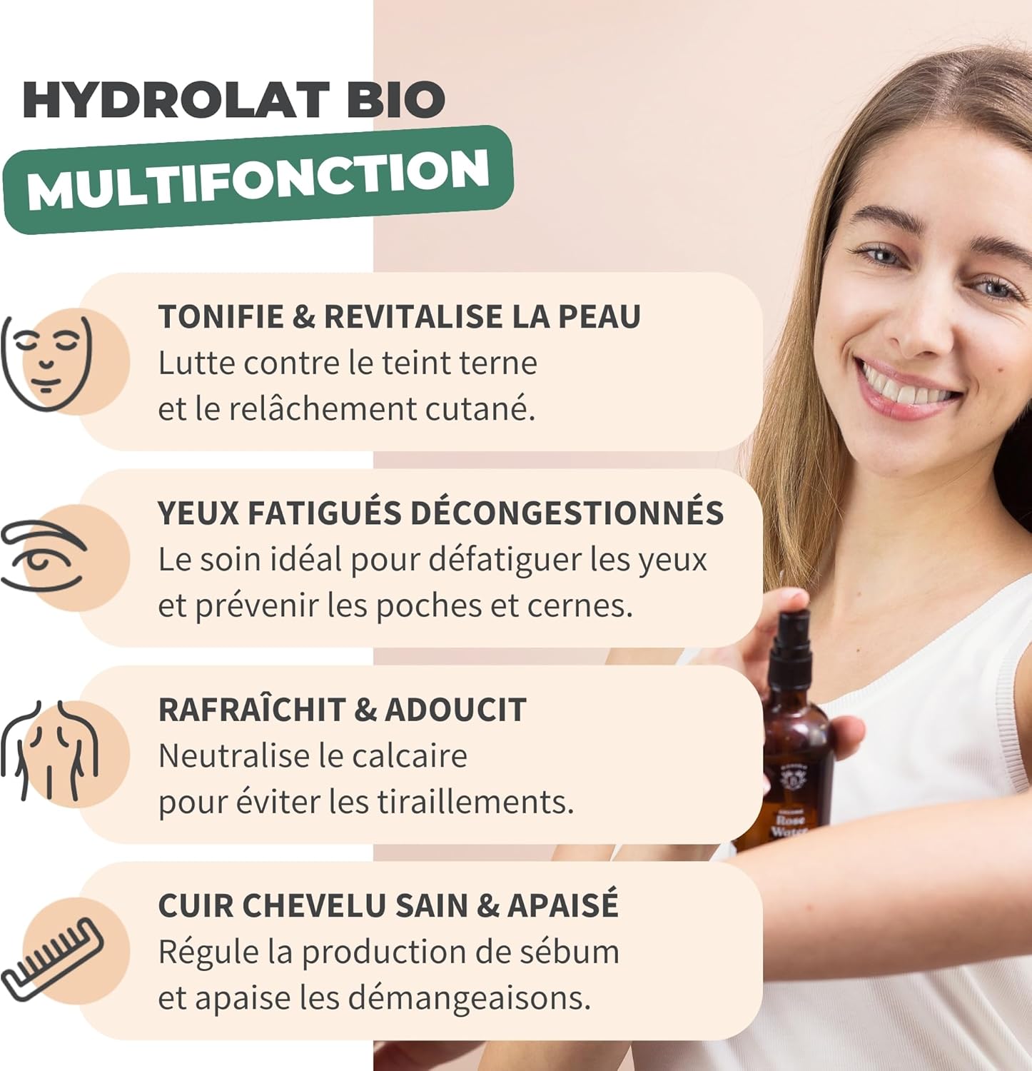 Detalle de BIONOBLE Eau de Rose Bio, Hydrolat 100 ml — Tonifie, Apaise et Redonne Éclat