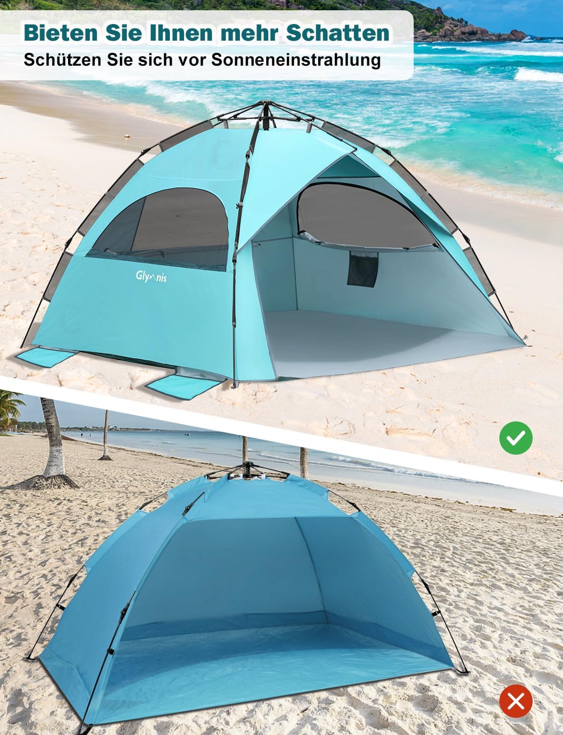 Detalle 2 de Glymnis Strandmuschel Quick Up Strandzelt UV-Schutz 50+ für 4–6 Personen