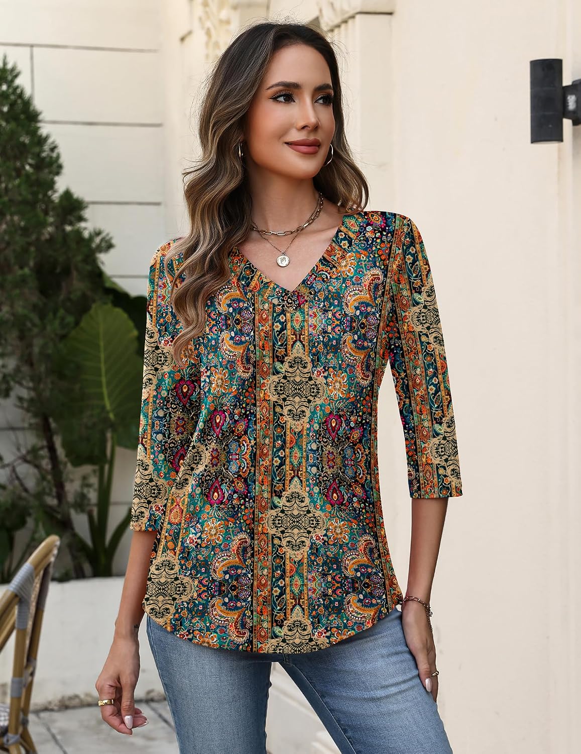 Detalle 2 de Zeagoo 3/4 Sleeve V-Neck Dressy Casual Blouse (S-2XL)