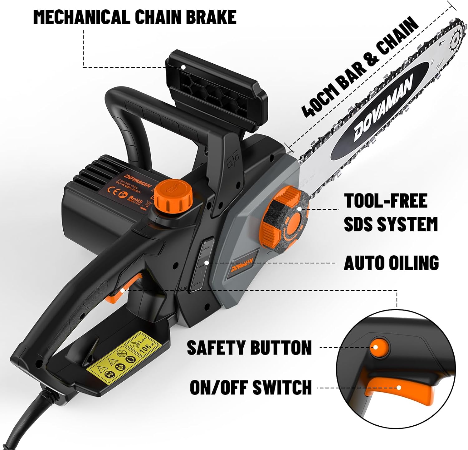 Thumbnail 3 de Dovaman 2400W Electric Chainsaw (16 Inch Oregon Bar & Chain) with One-Step Tool-Free Tensioning