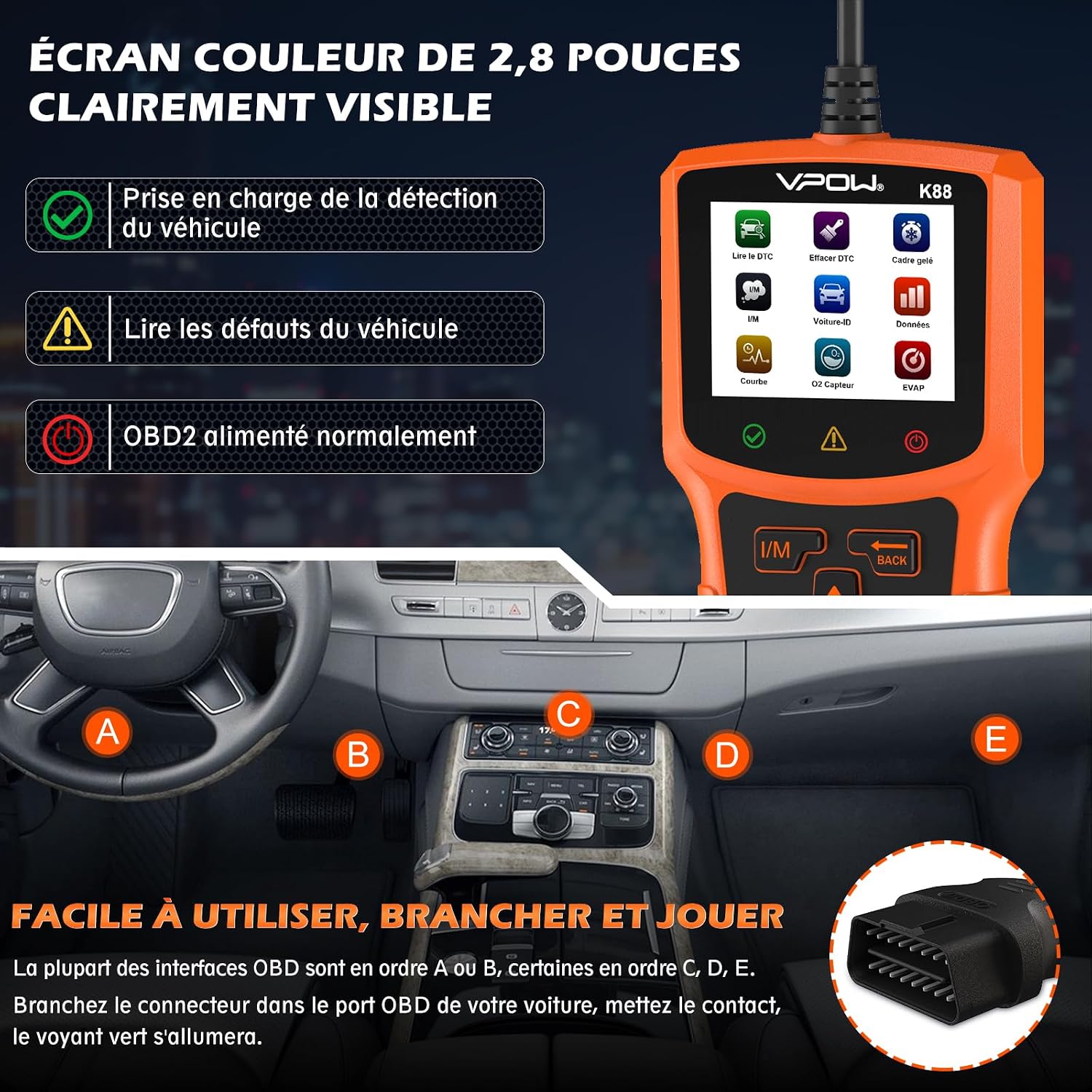 Detalle de VPOW OBD2-diagnosescanner met kleurenscherm van 2,8 inch en livegegevens