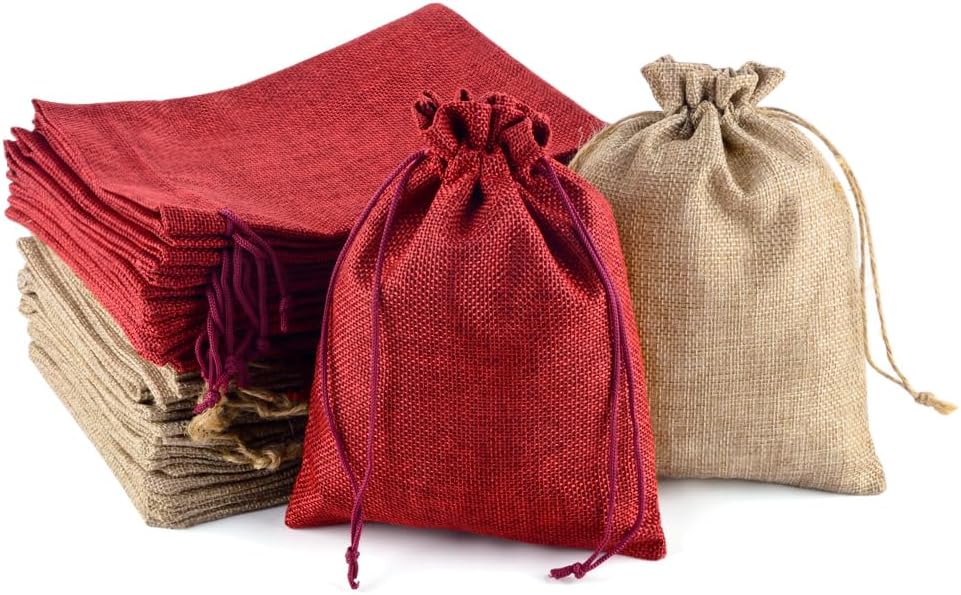 PLECUPE 30Pcs Sac Toile de Jute – Pochette 20x30 cm Bordeaux avec Cordon en Ficelle de Chanvre