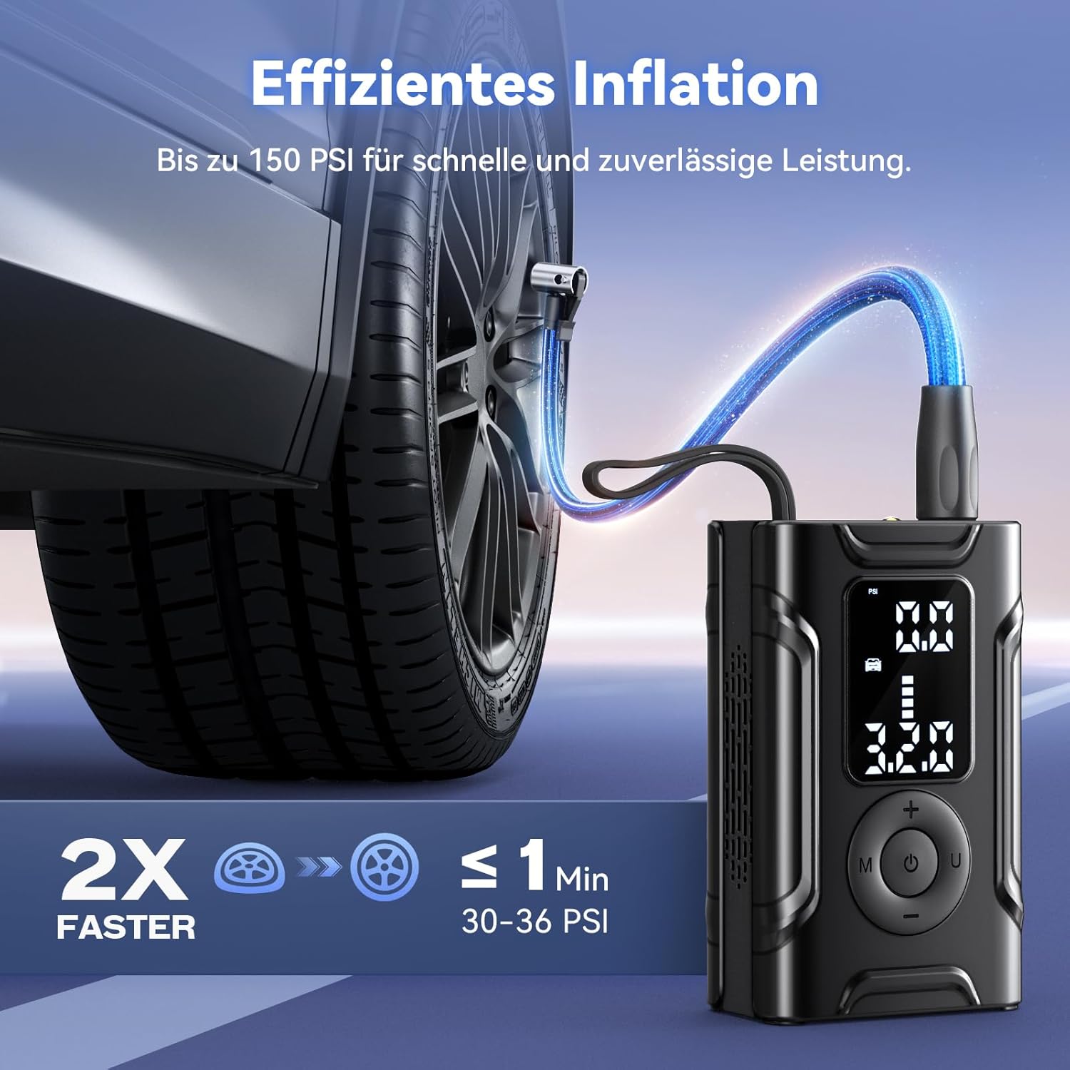Detalle 2 de Kabellose elektrische Luftpumpe (Akku-Kompressor) für Fahrrad, Auto und Motorrad – 150 PSI, digital mit Sensor