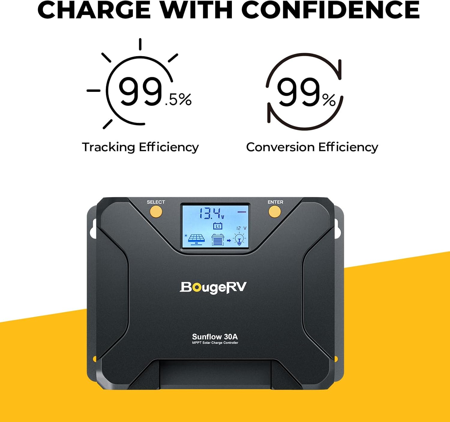 Detalle de BougeRV Sunflow 30A MPPT Solar Charge Controller with Low-Temp Cut-Off, App Control & Backlit LCD