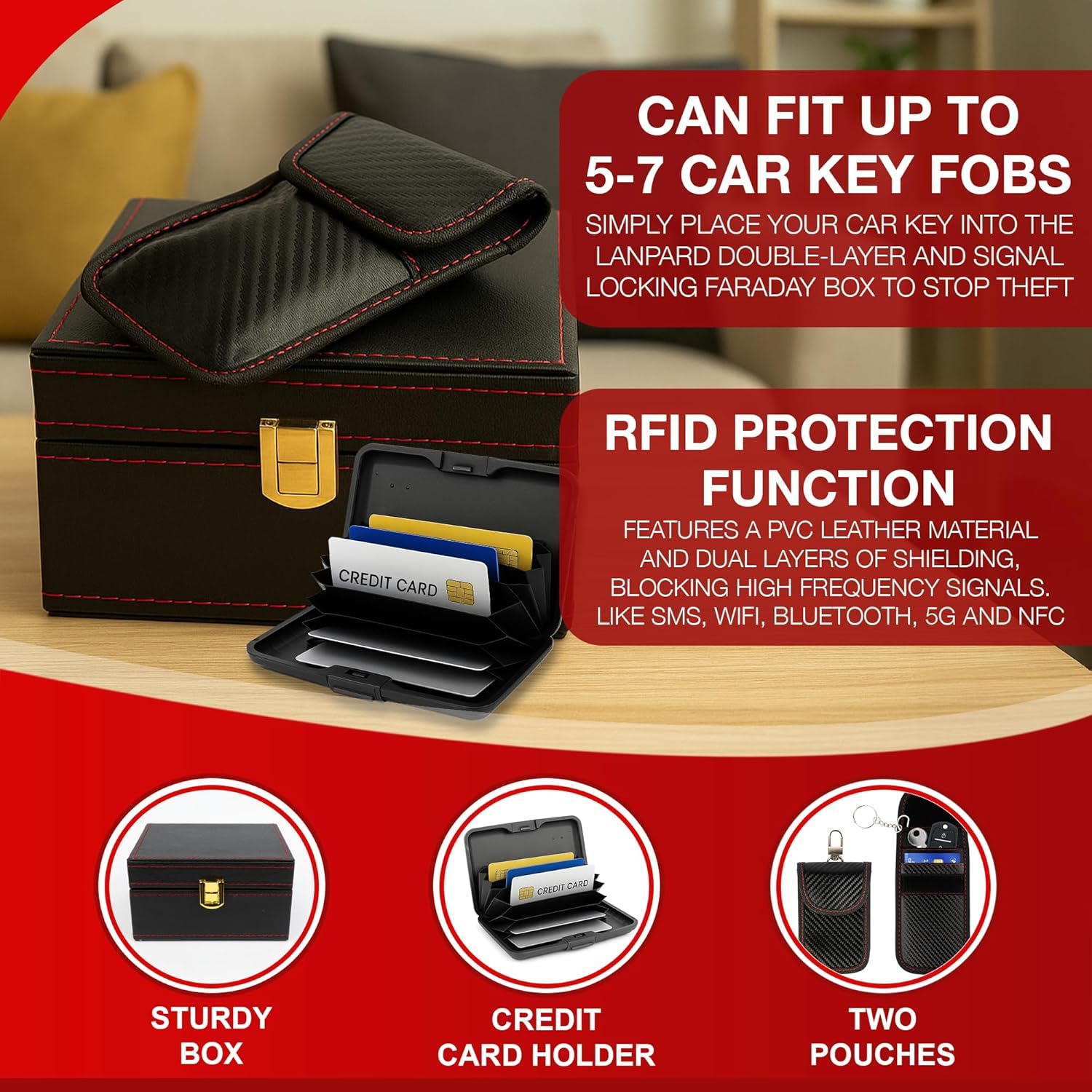 Thumbnail 2 de Faraday Box, 2 Pouches & Credit Card Holder – Signal Blocking Set for Keys and Cards