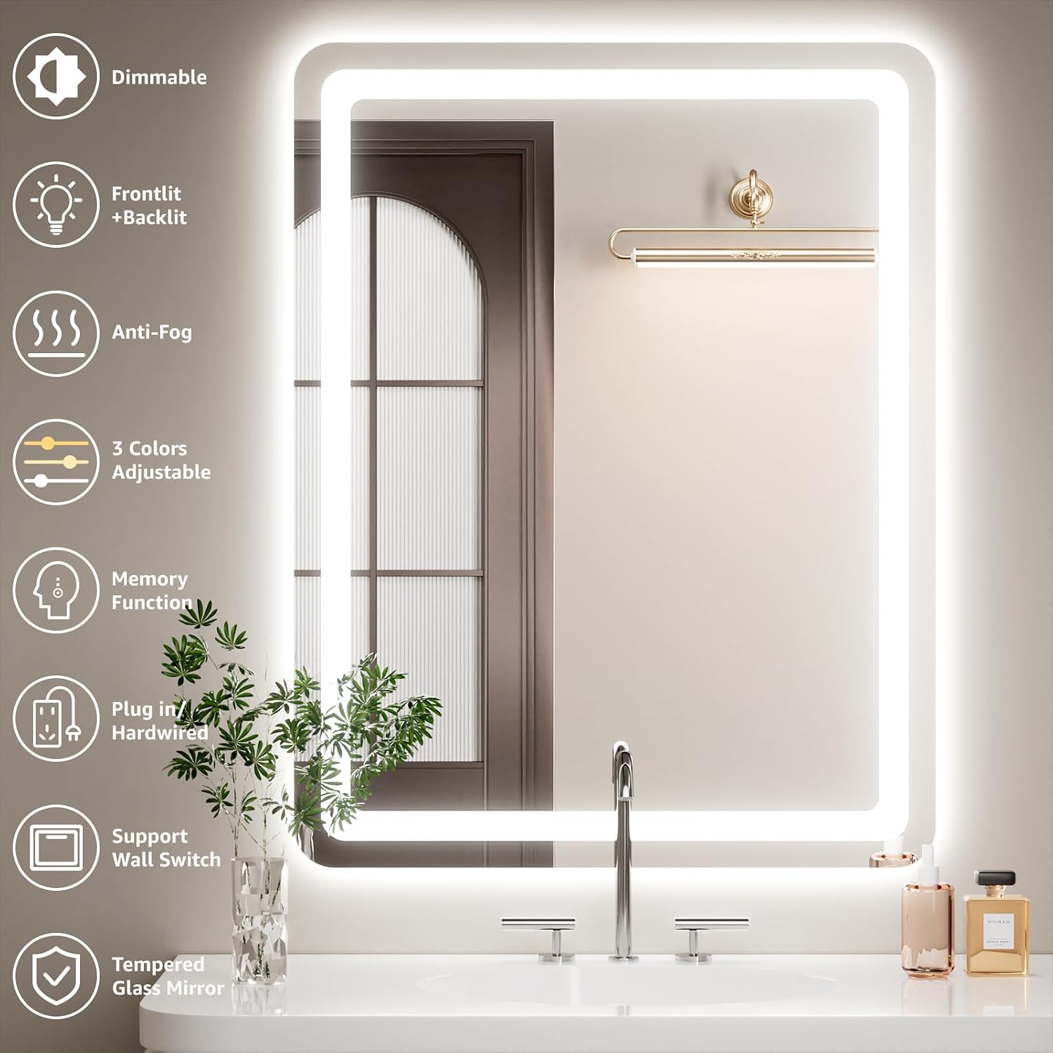 Detalle de 40" x 30" LED Bathroom Mirror with Tri-Color Lighting 🪞