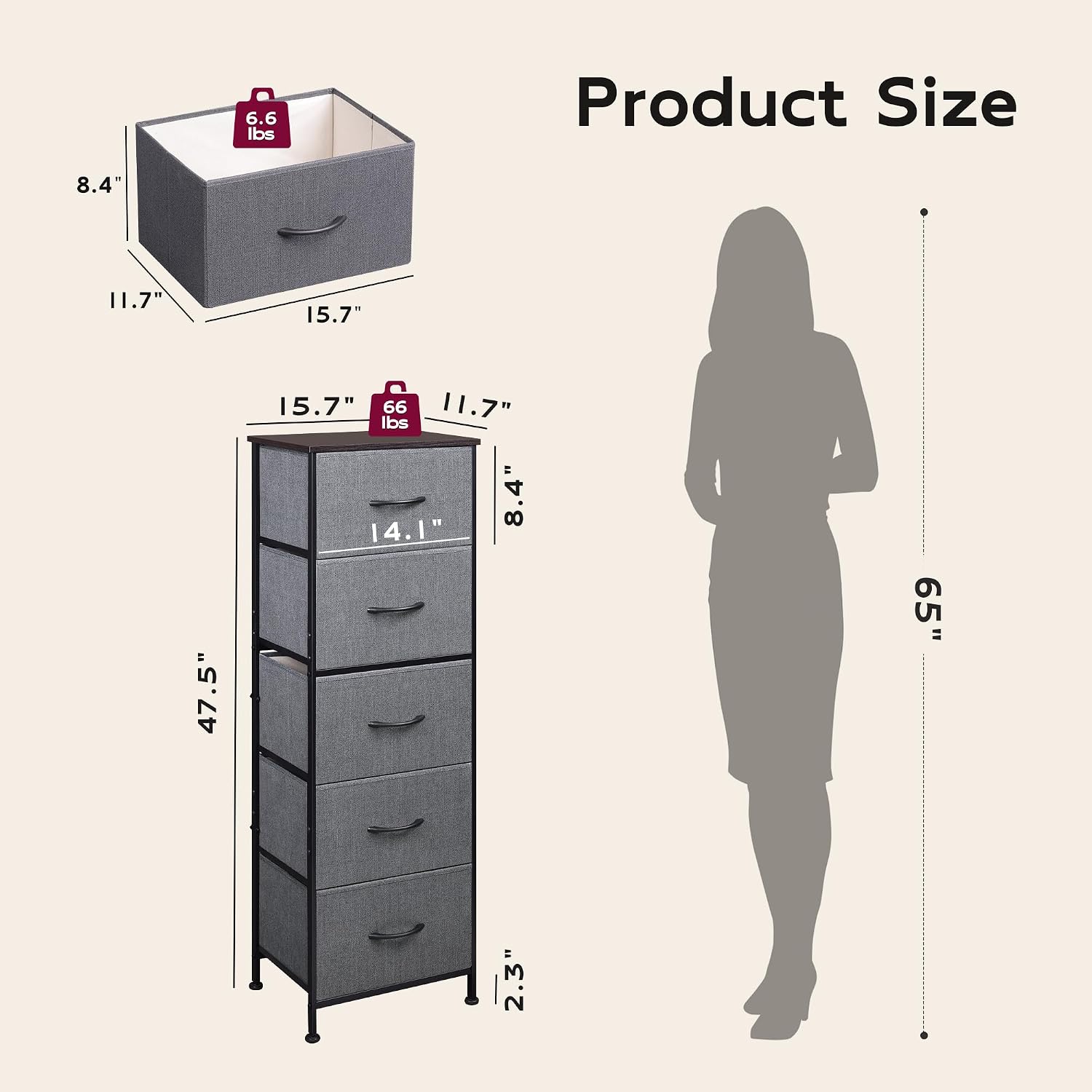 Detalle de WLIVE ASNG090HH Tall Fabric Dresser, 5 Drawers, Dark Gray