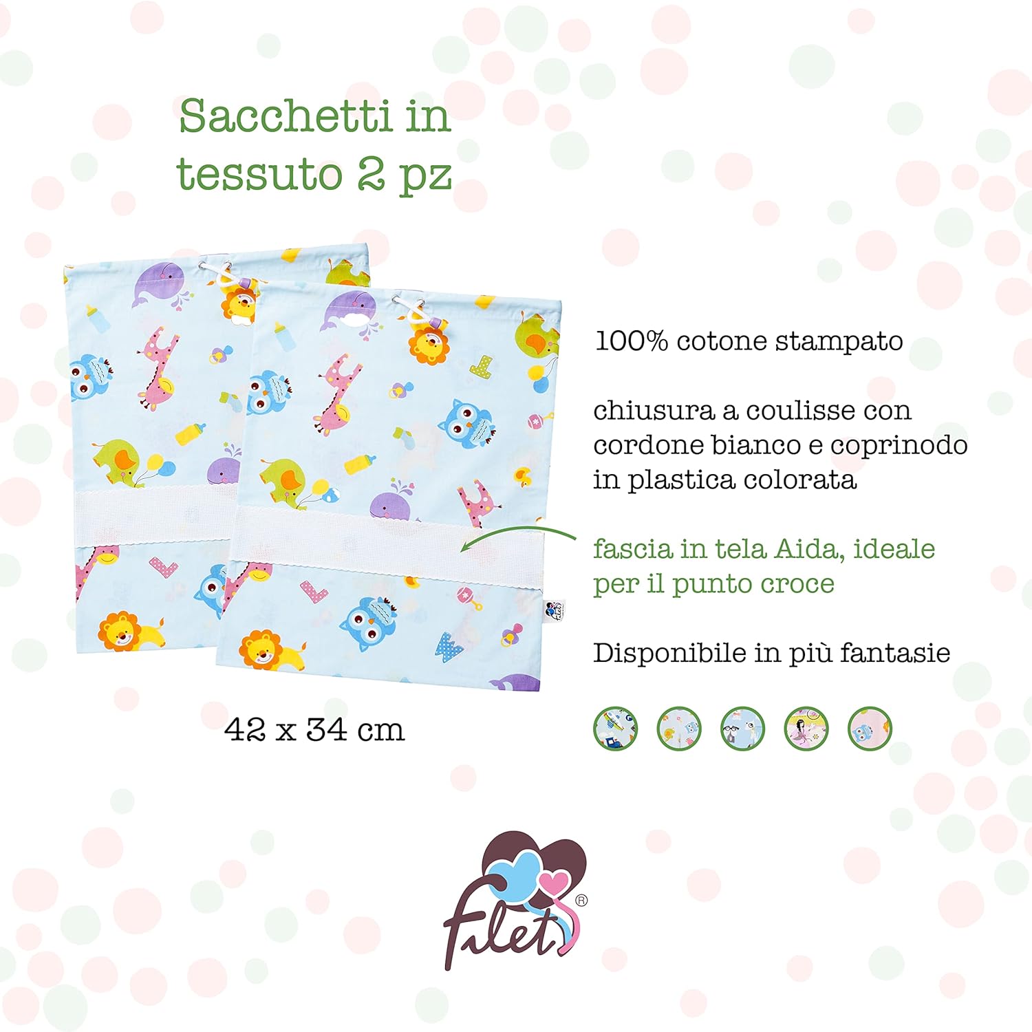 Detalle 2 de Filet - Set 2 Sacchetti Asilo in cotone stampato con inserto in tela aida da ricamare (42 x 34 cm)