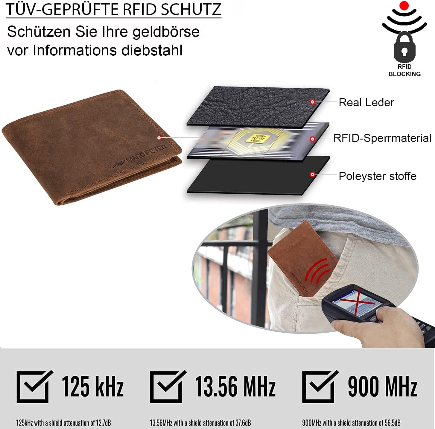Detalle de Marc Peter® Echt-Leder Geldbörse Hanover – RFID-Schutz, 10 Fächer, Vintage Braun