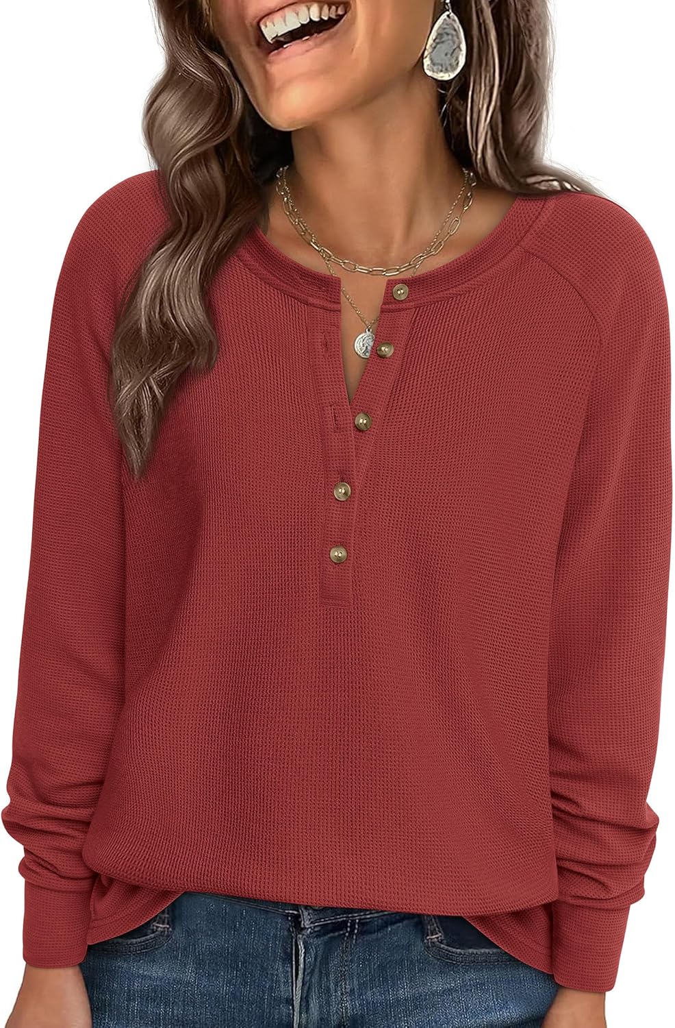 Thumbnail 6 de PRETTYGARDEN Waffle Knit Henley Top, Long Sleeve