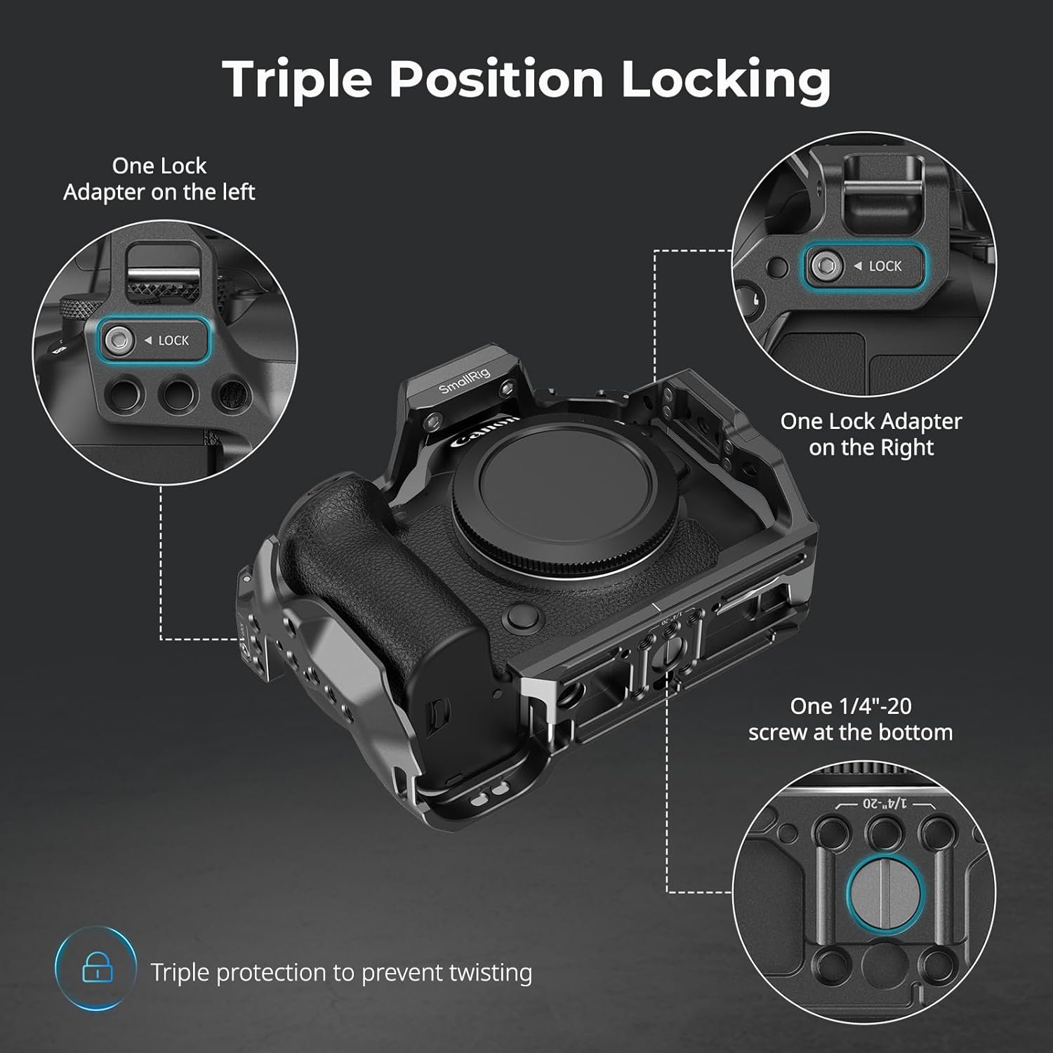Detalle de SMALLRIG R6 Mark II Käfig mit Dualen NATO-Schienen und Arca-Schnellwechselplatte (4159B) für Canon R6 Mark II