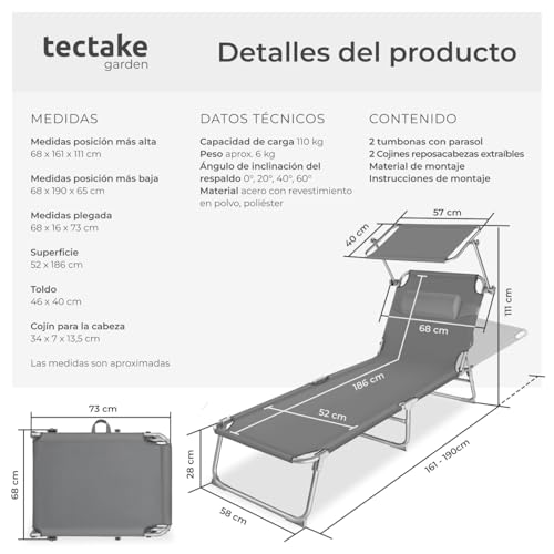 Detalle de tectake Set de 2 tumbonas de jardín plegables con parasol y respaldo regulable (gris) – hasta 110 kg