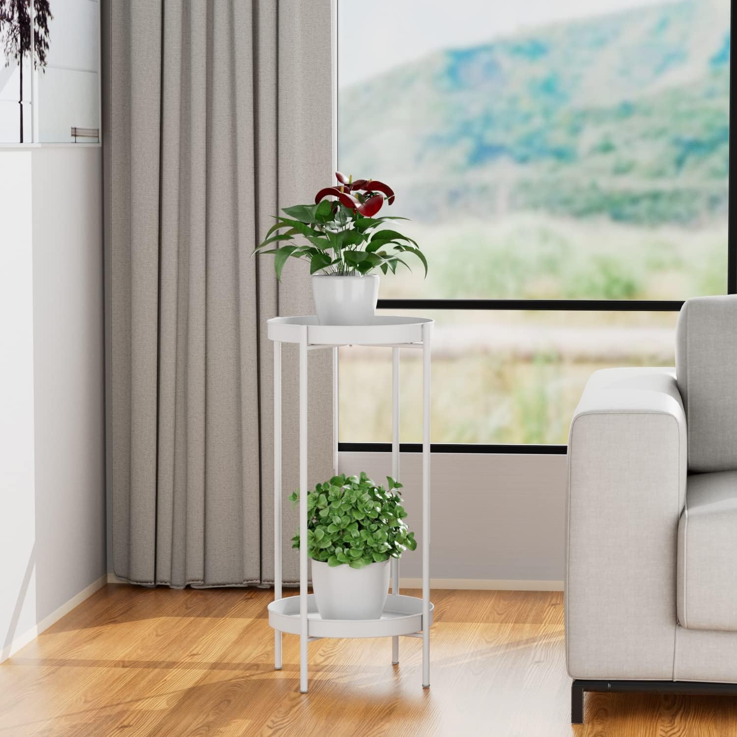 Detalle de OVICAR Support pour plantes d'intérieur et d'extérieur – Porte-pot en métal à 2 niveaux