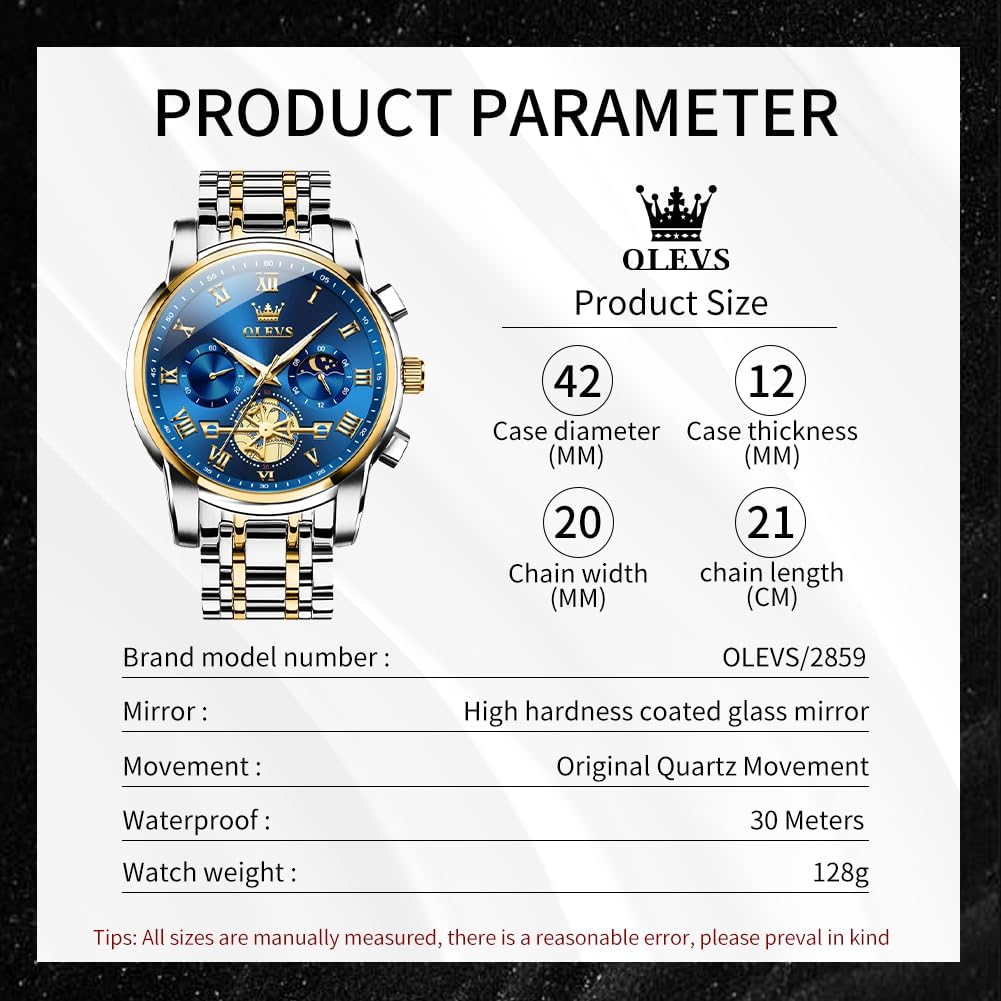 Detalle 2 de OLEVS Men's Quartz Watch, 41 mm Big Dial, Stainless Steel, Luminous Feature