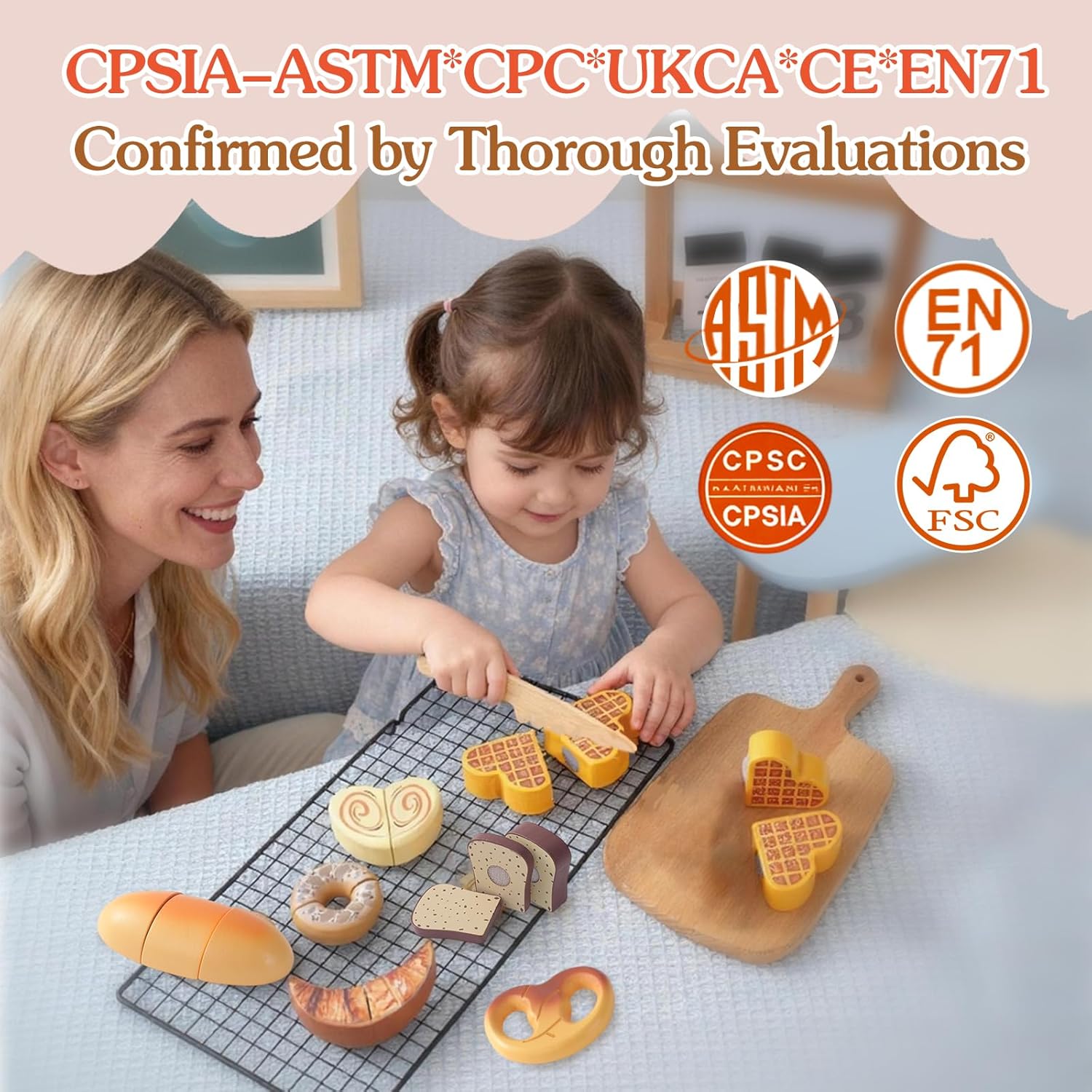 Thumbnail 5 de Smartwo Wooden Food Toys Pretend Play Bakery Set (9-piece bread cutting game for toddlers)