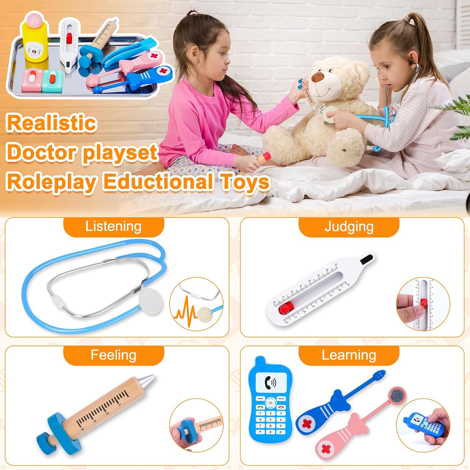Thumbnail 4 de TGTT Doctors Set for Kids: Wooden Doctor Kit with Real Stethoscope and Portable Bag