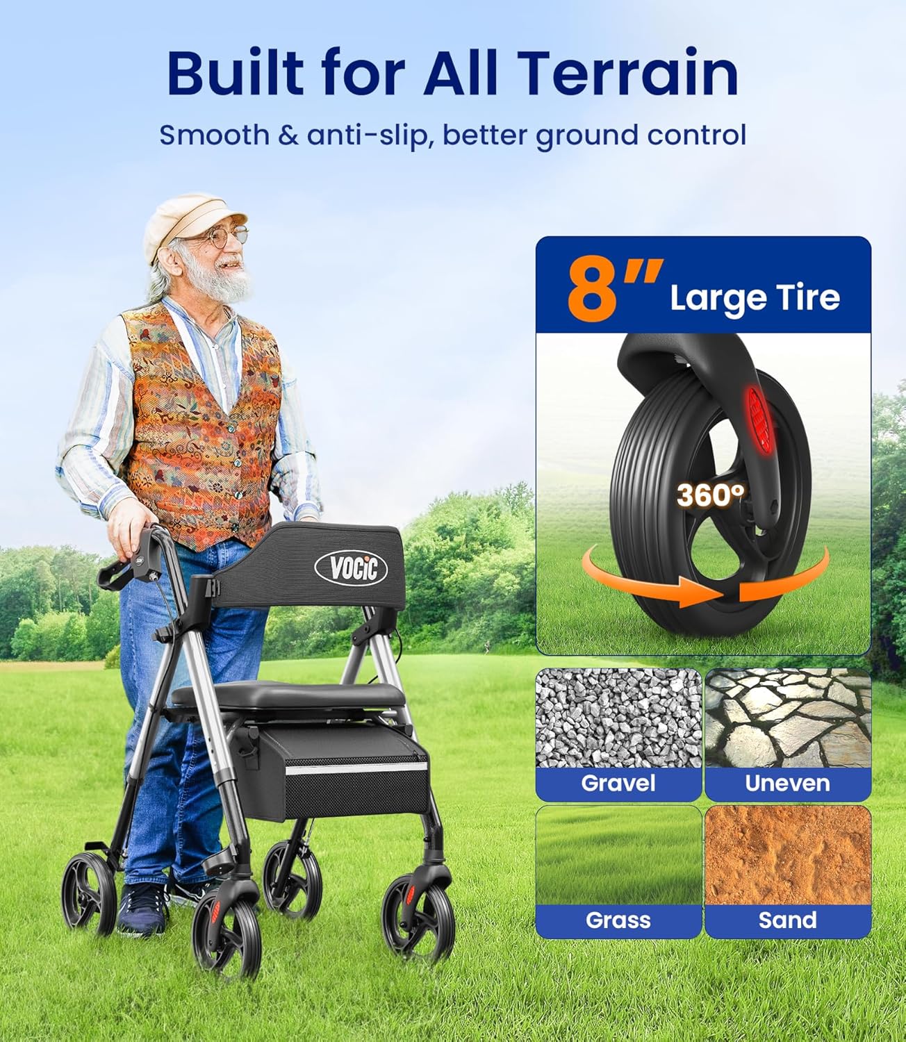 Detalle de VOCIC Rollator Walker with Seat: All‑Terrain, Foldable Mobility Aid