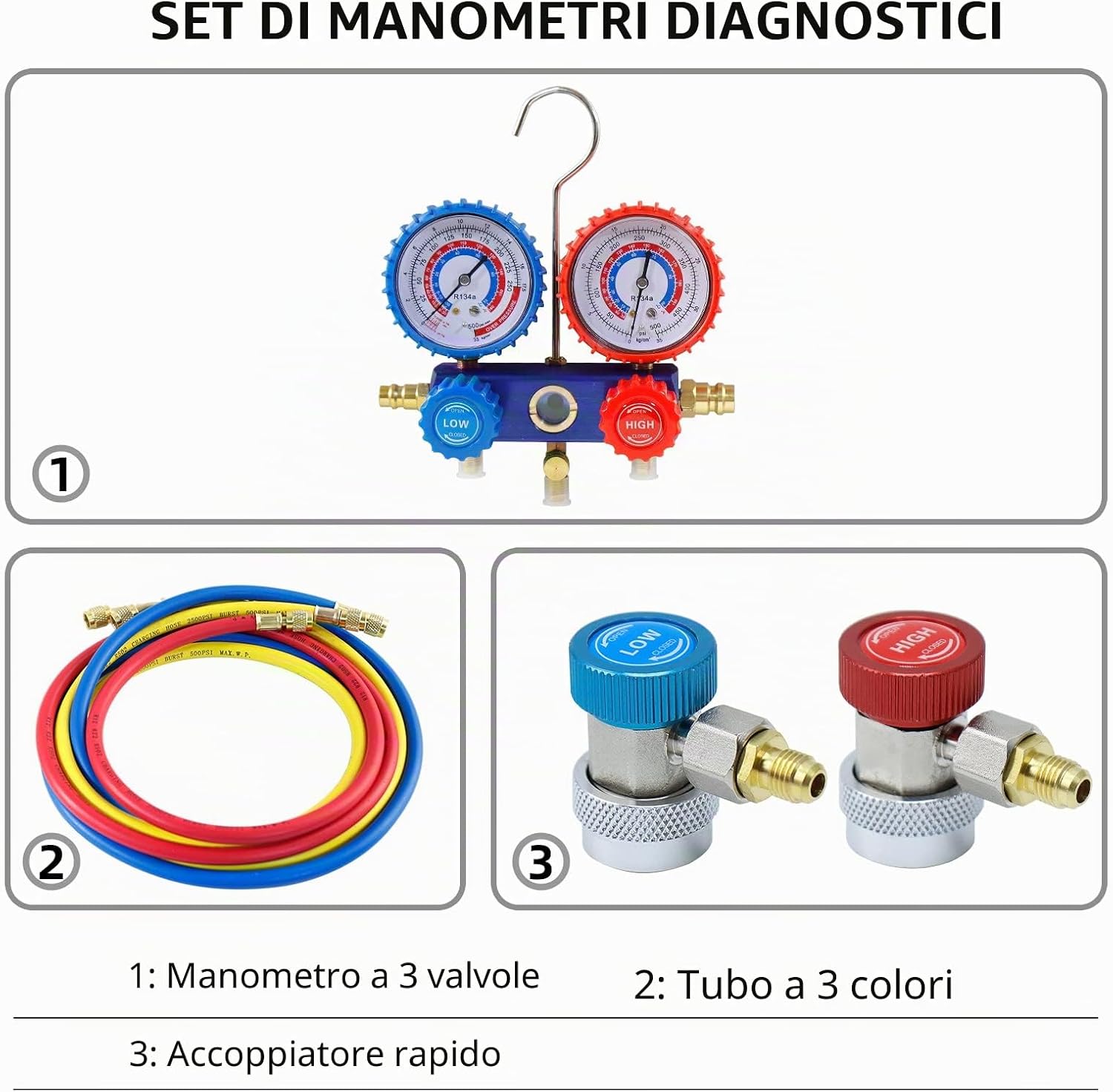 Detalle 2 de CCLIFE Regolabile R134A Attacco Rapido HVAC: Connettore Coppia Adattatore Alto/Basso 1/4" SAE