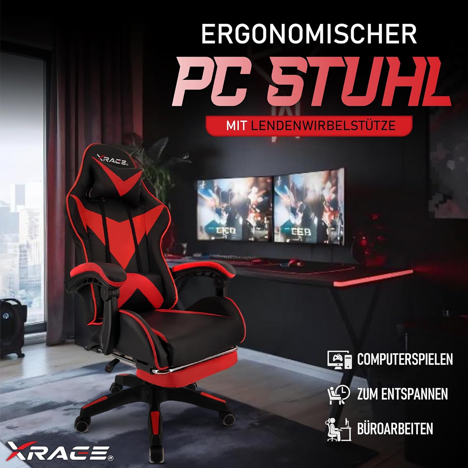 Thumbnail 3 de xRace Gaming Stuhl – Ergonomischer Bürostuhl mit Lendenwirbelstütze, Kopfstütze und Fußstütze in Rot