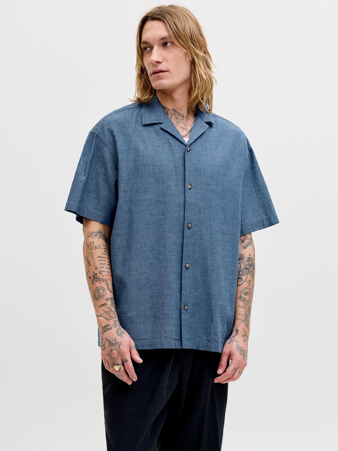 Detalle de JACK & JONES Shirt Jjesummer Linen Blend Resort – Camicia estiva da uomo, taglio lungo